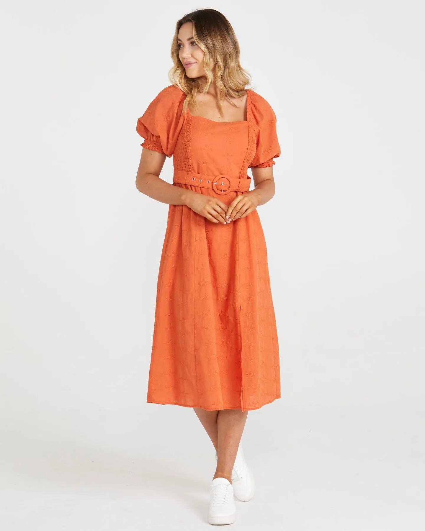 Asher Midi Belted Dress - BURNT ORANGE