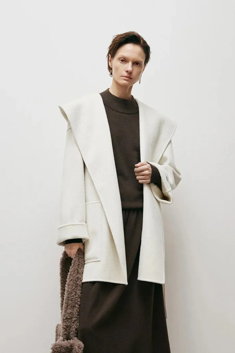 Belted Wool Coat with Hood White