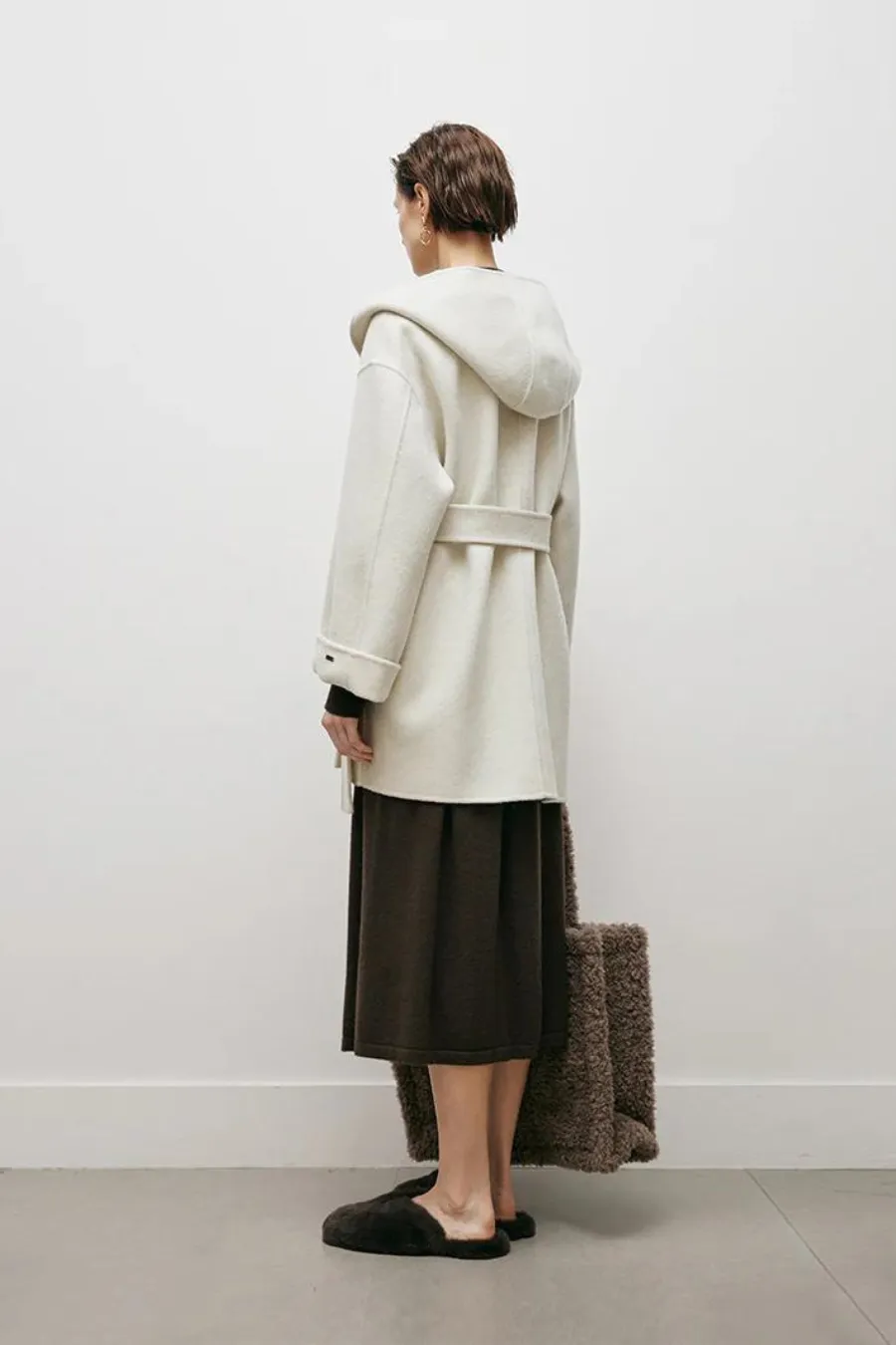 Belted Wool Coat with Hood White
