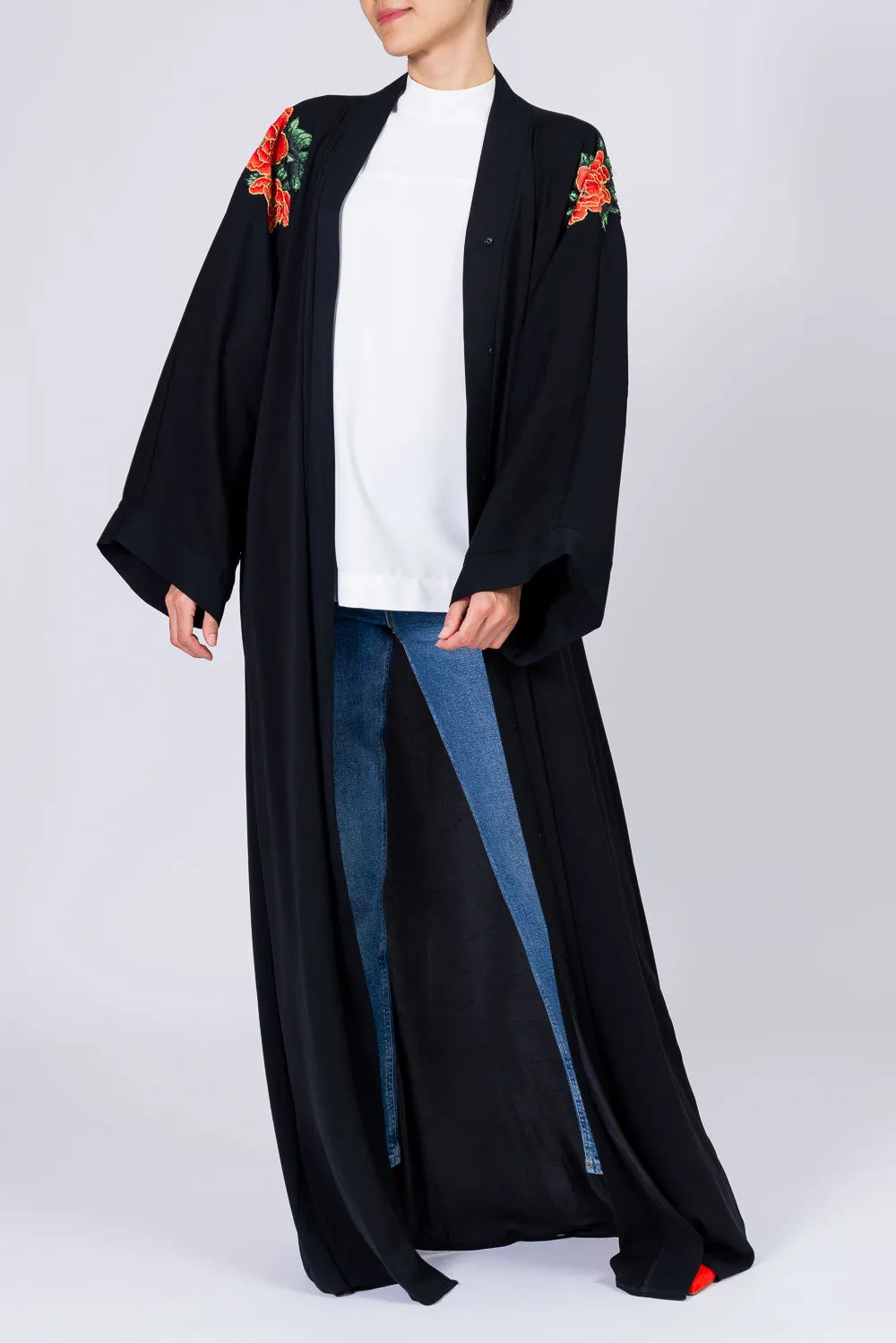 Black Abaya with Embroidered Red Flowers