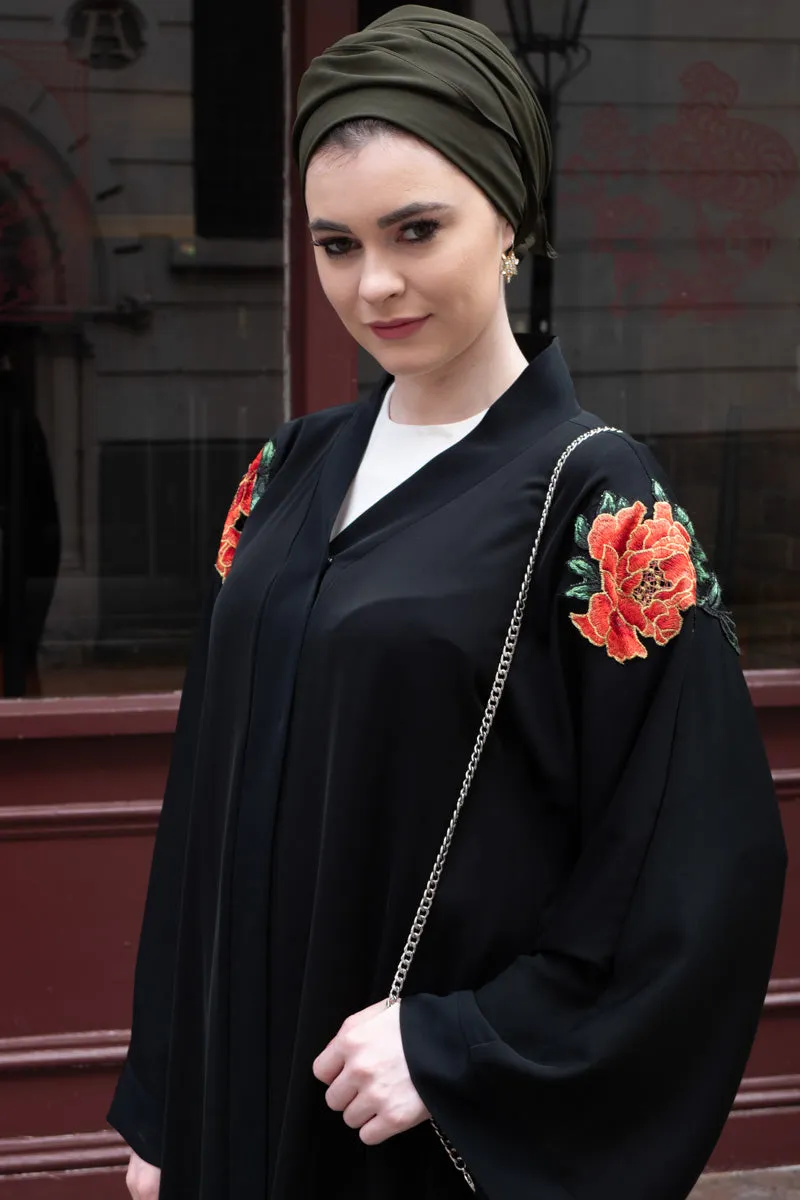 Black Abaya with Embroidered Red Flowers