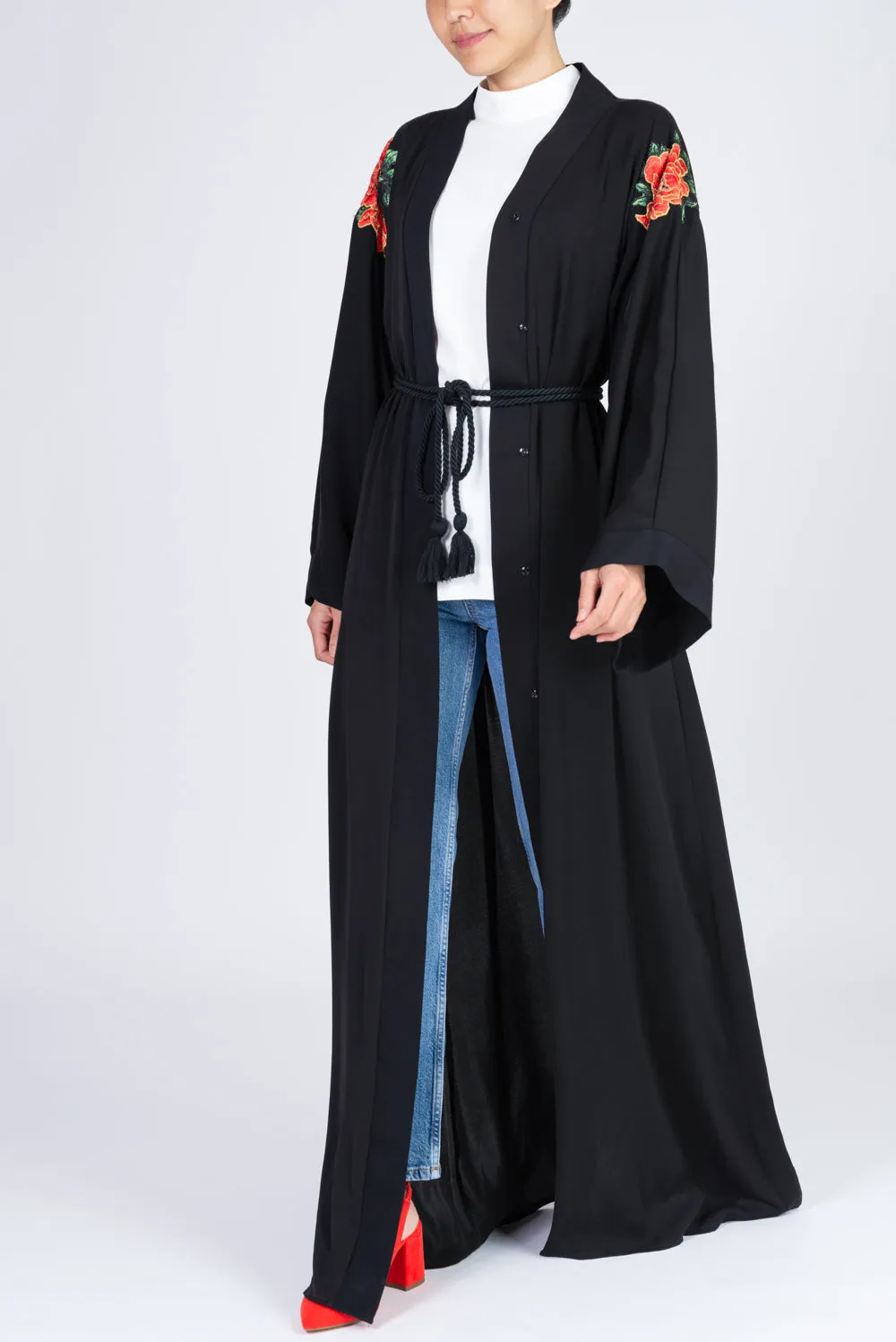 Black Abaya with Embroidered Red Flowers