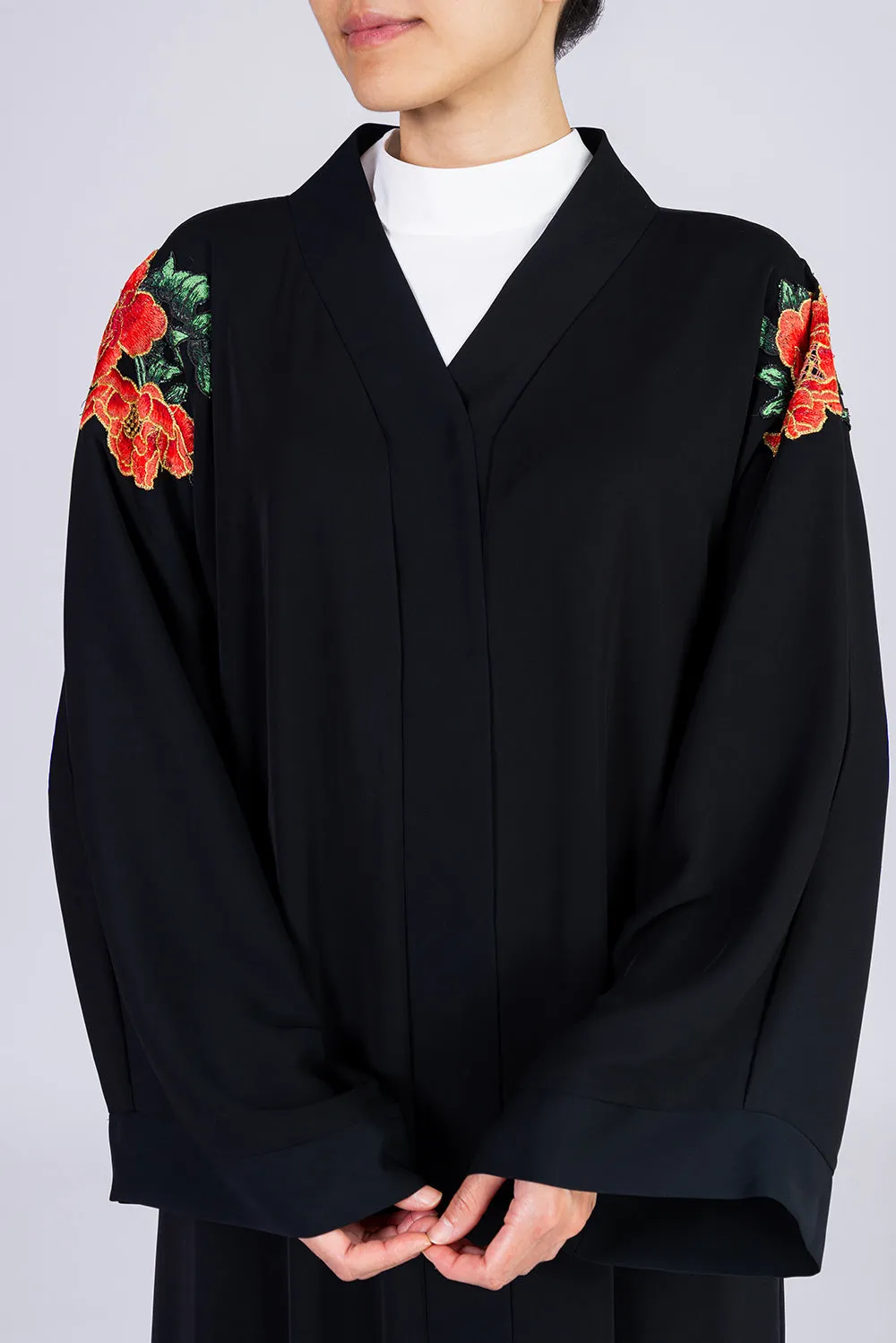 Black Abaya with Embroidered Red Flowers