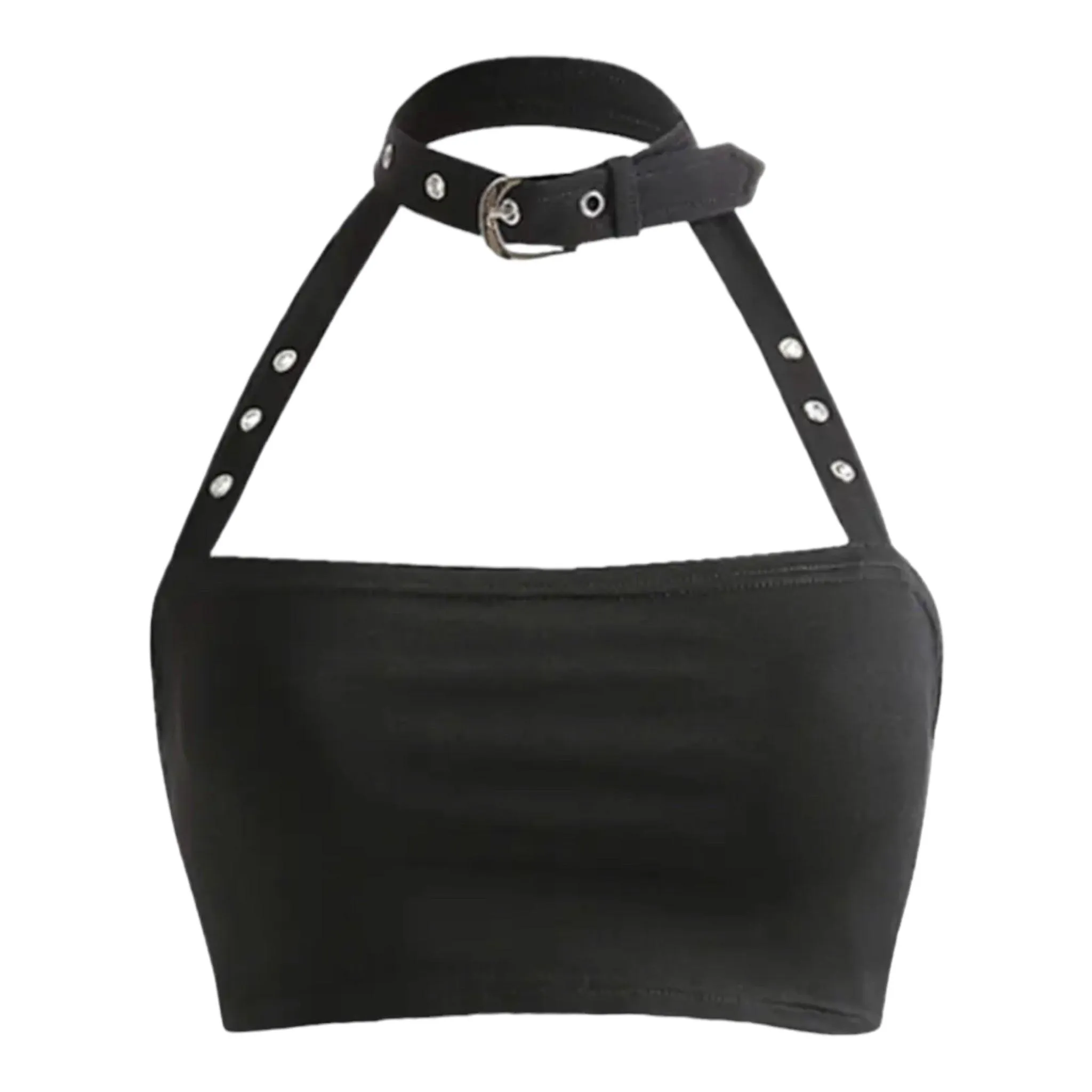 Black Cut Out Buckle Collar Crop Top