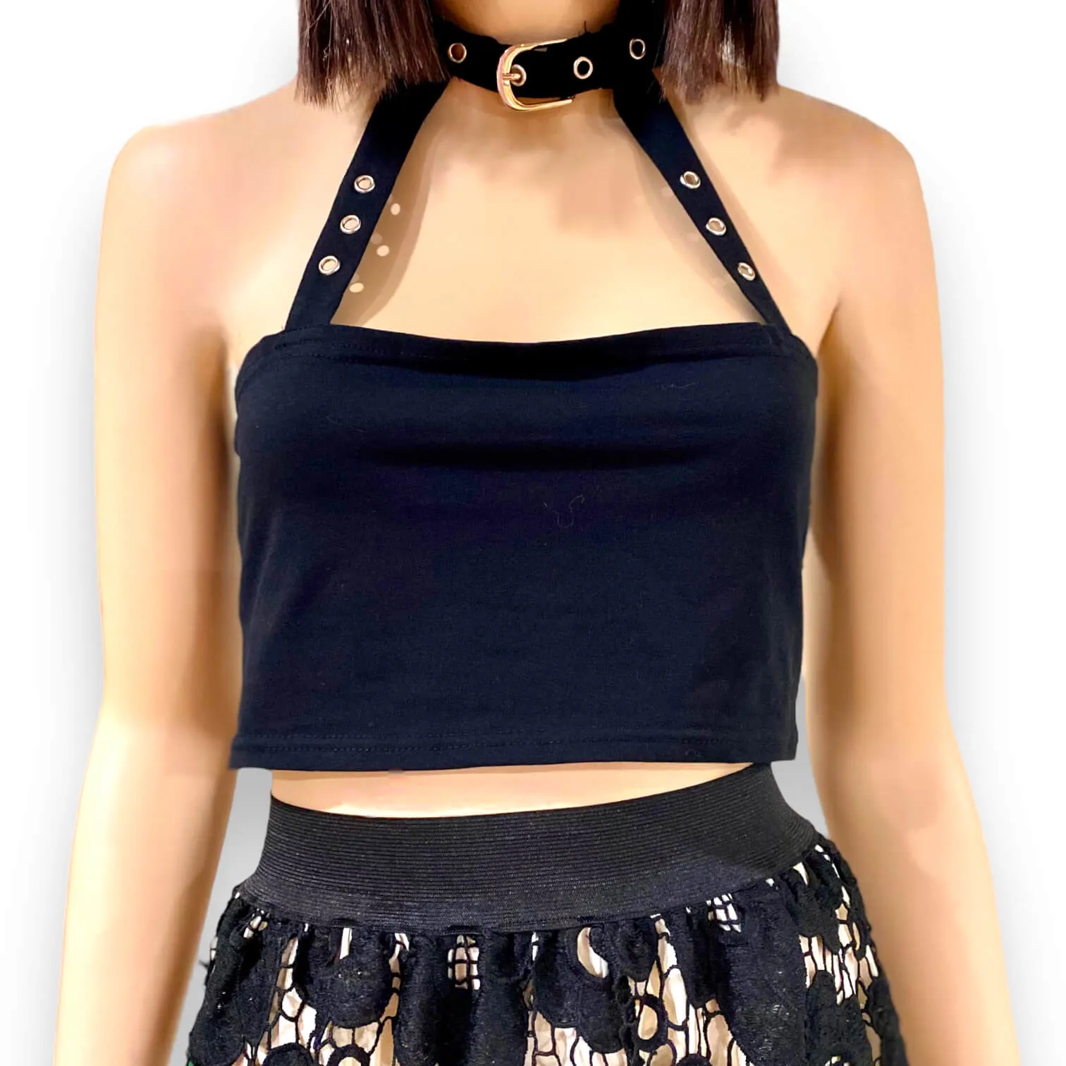 Black Cut Out Buckle Collar Crop Top