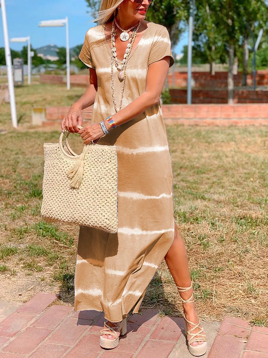 Bohemian Casual Loose V Neck Tie-Dye Dress