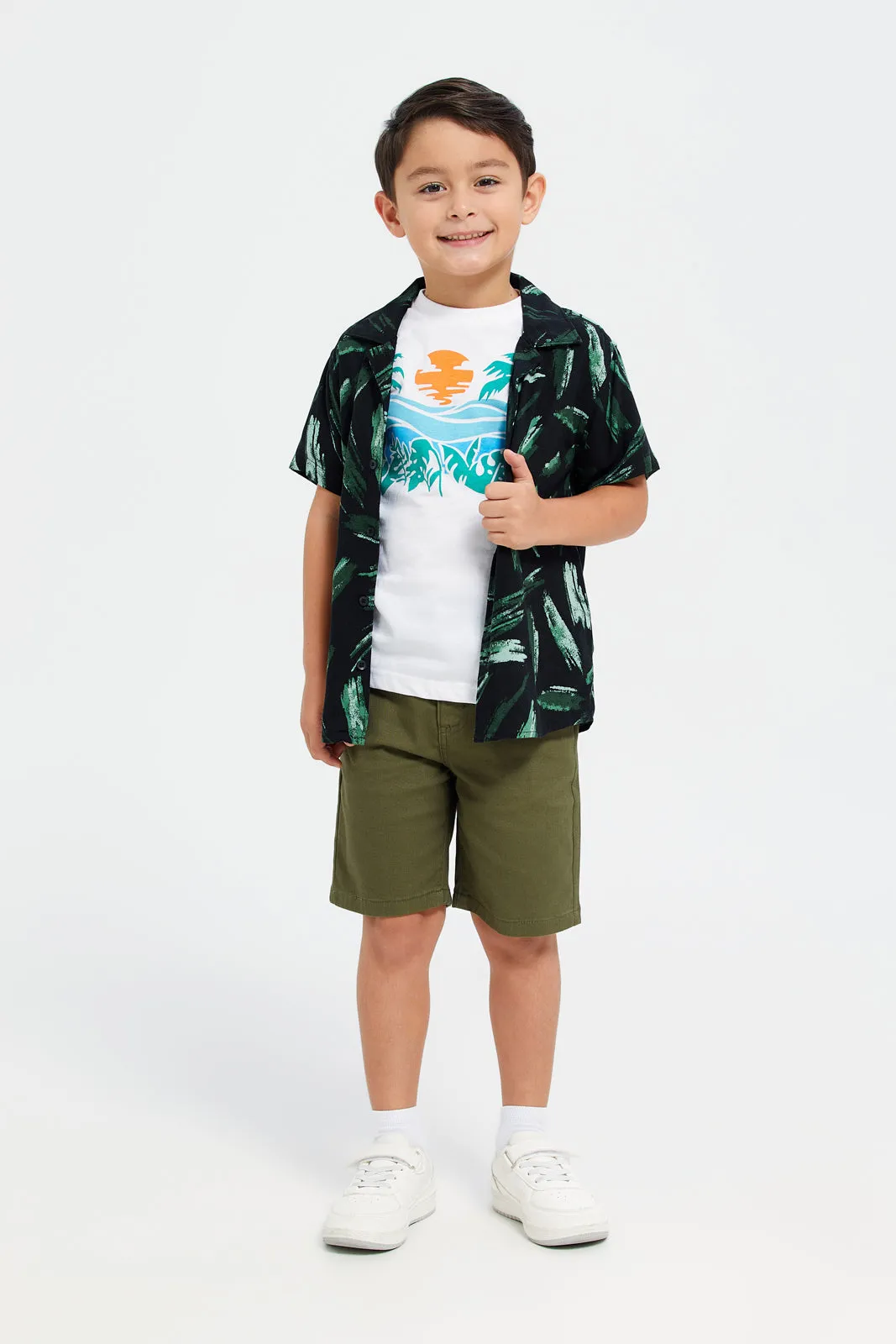 Boys Black And White Shirt With T-Shirt Set (2 Piece)