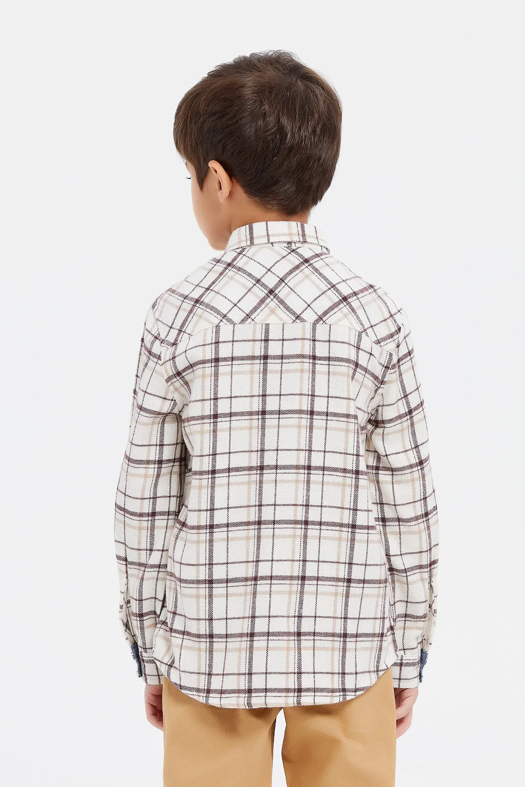 Boys Cream Brushed Checkered Shirt