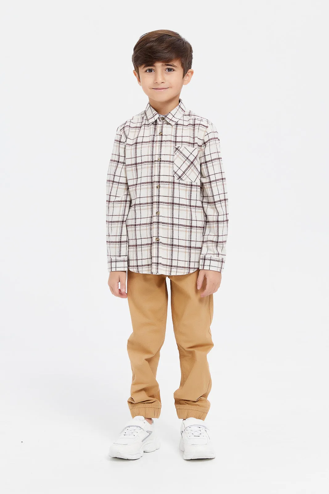 Boys Cream Brushed Checkered Shirt