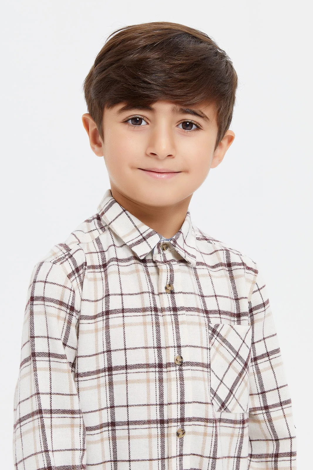 Boys Cream Brushed Checkered Shirt