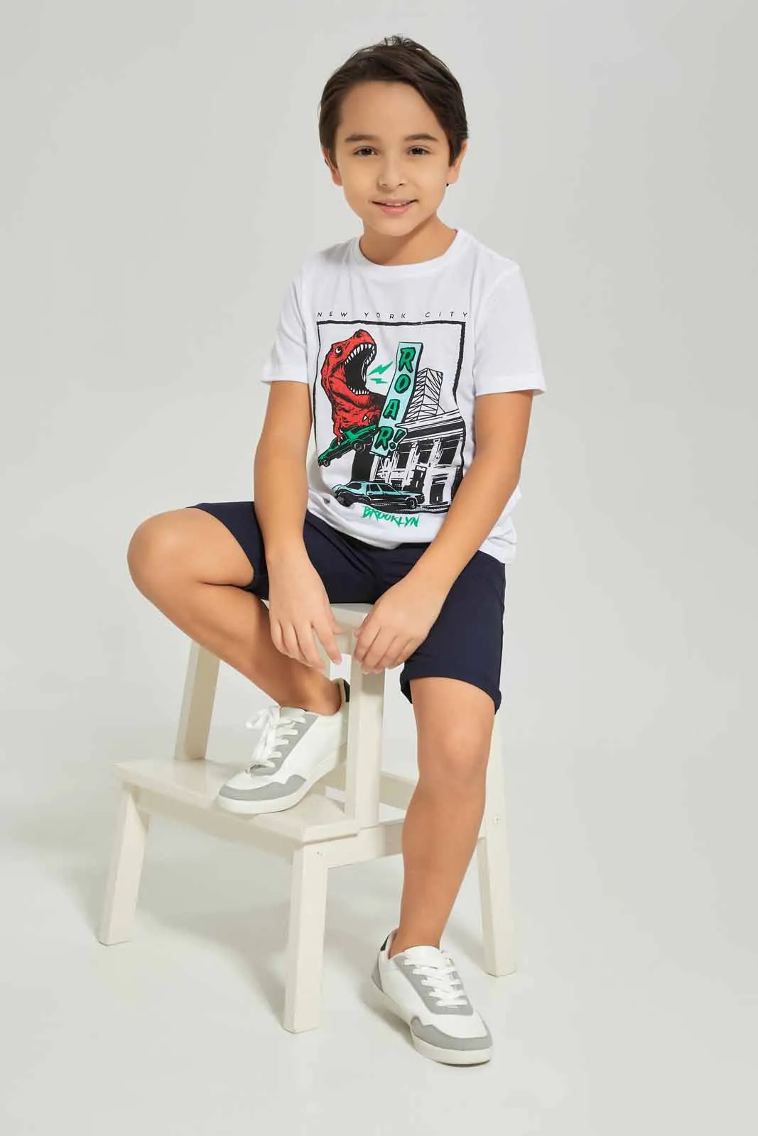 Boys White Dino Printed T-Shirt