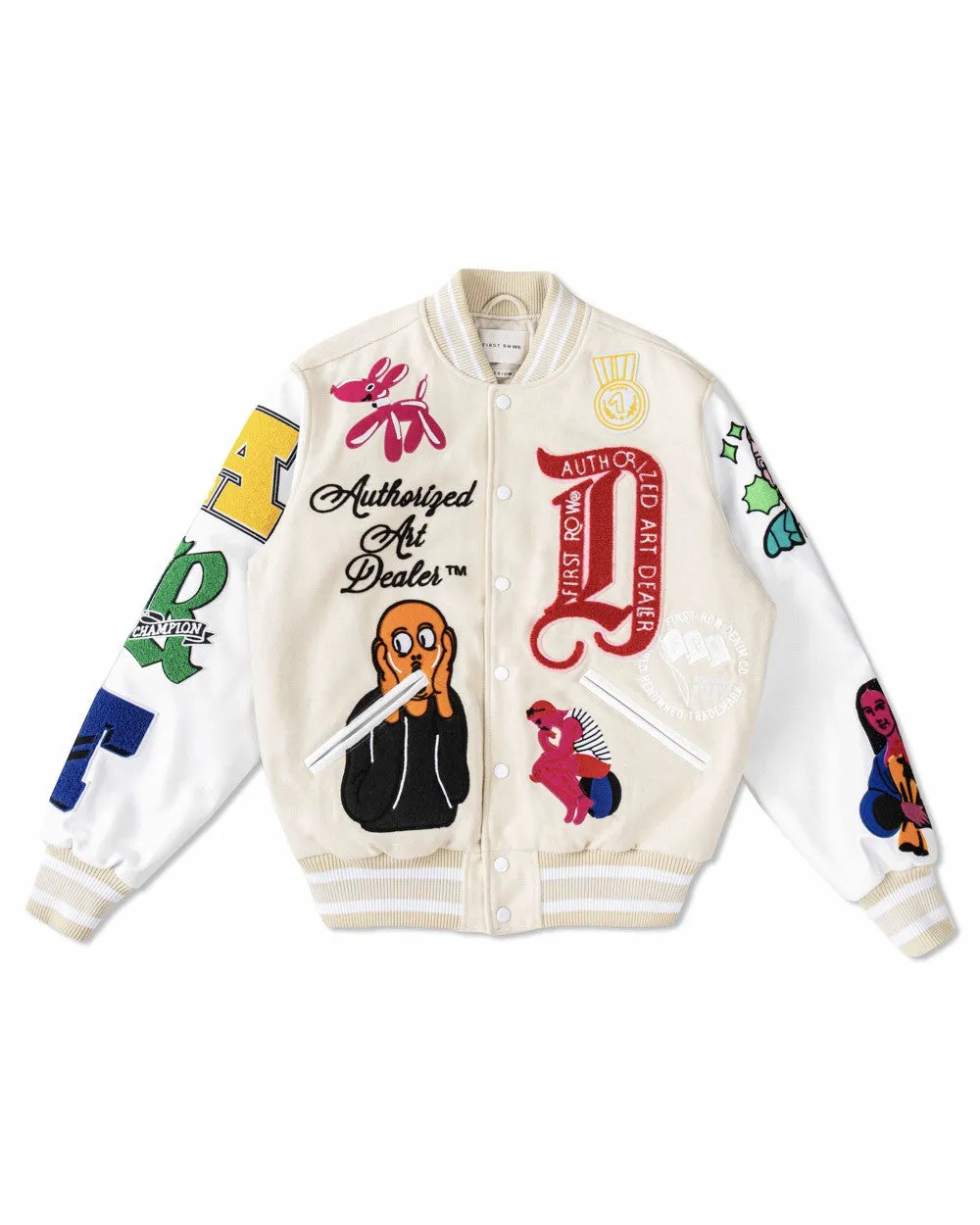 Cream Art Dealer Graphic Varsity Jacket