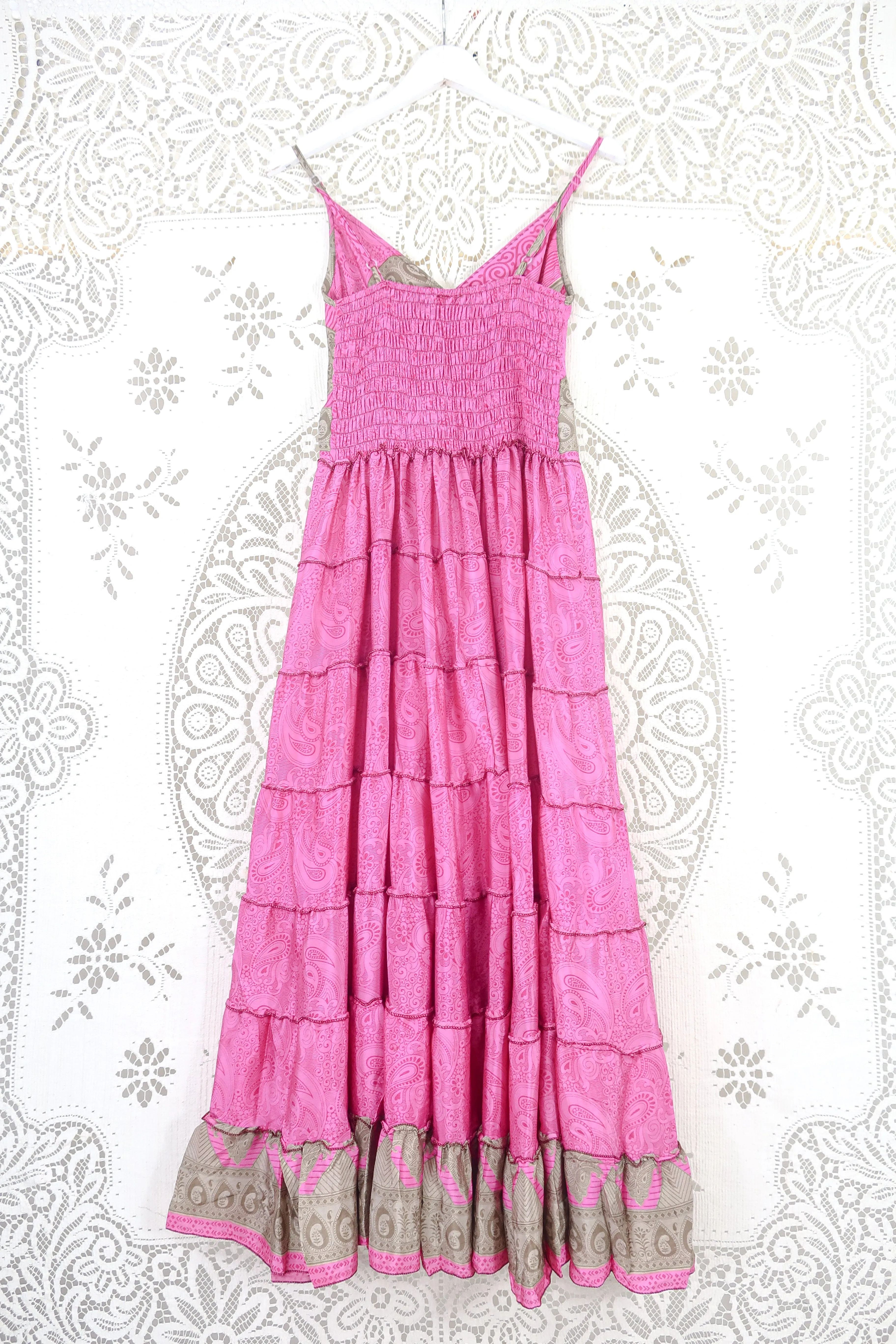 Delilah Maxi Dress - Bright Magenta Pink Paisley - Vintage Sari - Free Size M/L