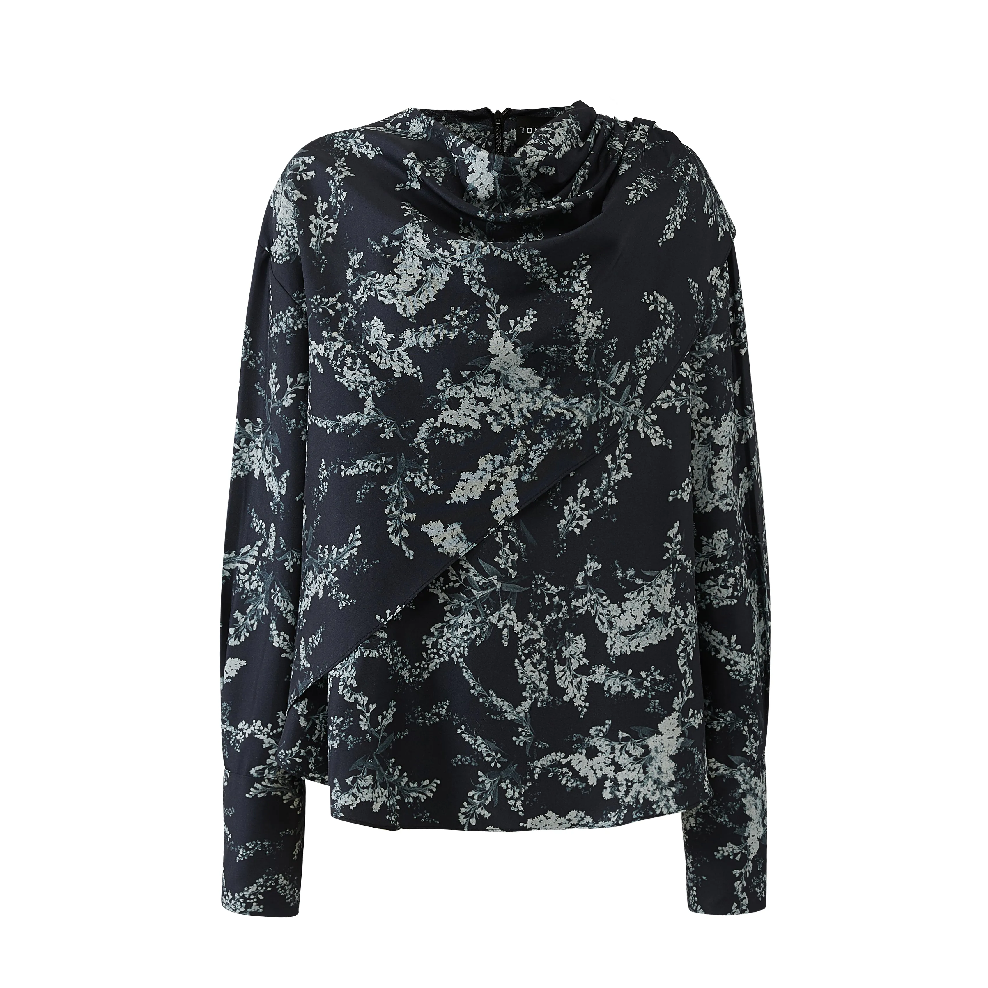 Draped Neck Layer Blouse-Black Grey Print