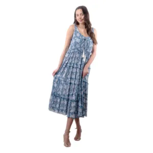 Dress - Floral tiered Blue sleeveless Midi