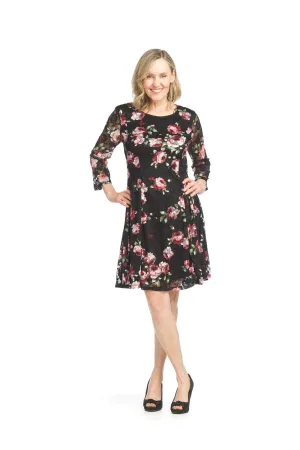 dress - Papillon black lace dress with pink&Maroon floral print