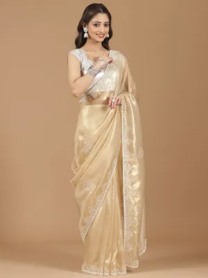Elegant Champagne Gold Satin Silk Saree with Pearl Embroidery