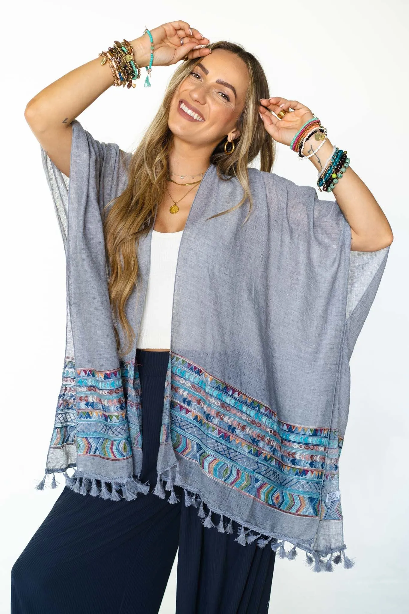 Fallon Embroidered Sleeve Kimono - Gray