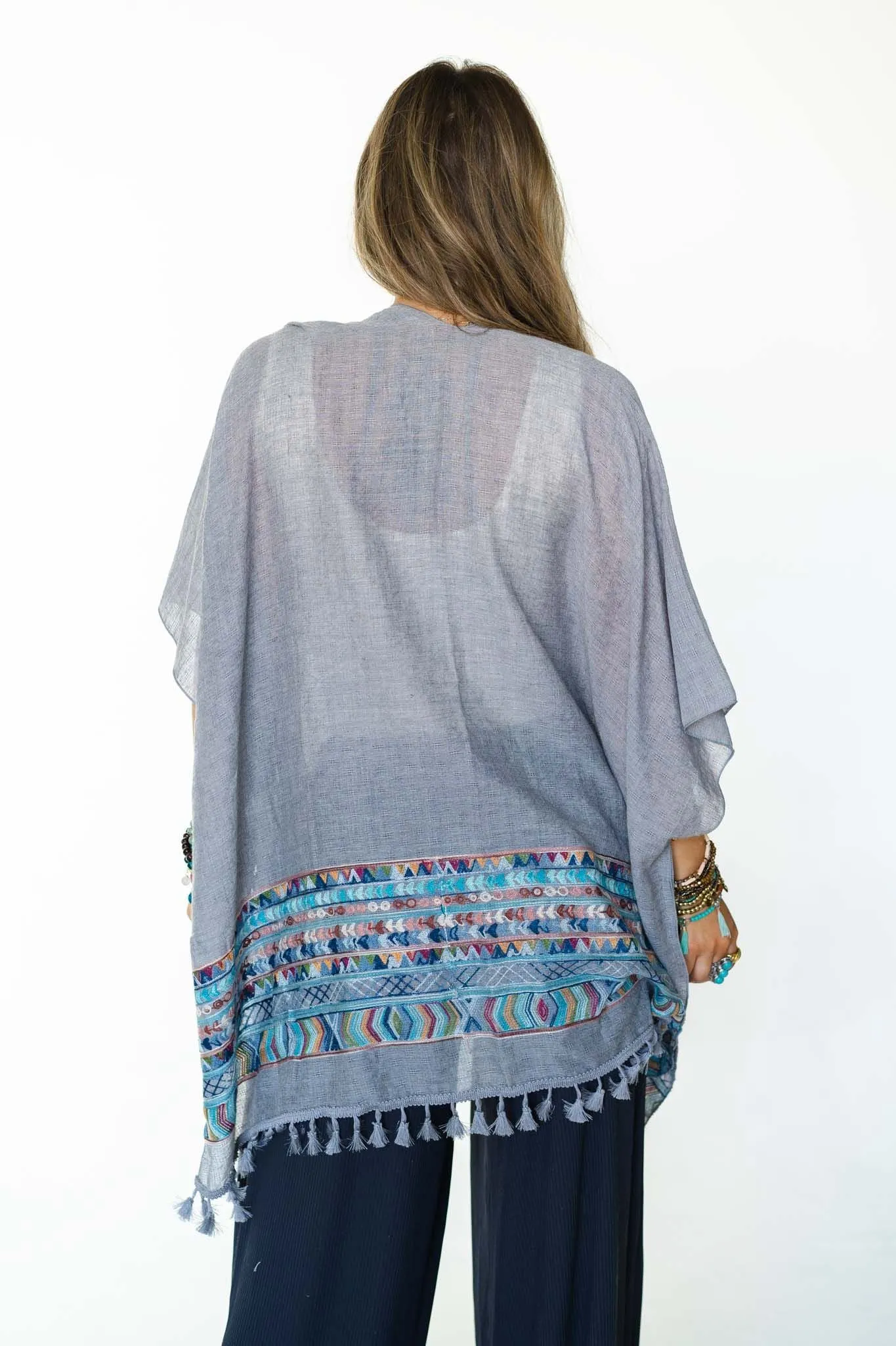 Fallon Embroidered Sleeve Kimono - Gray