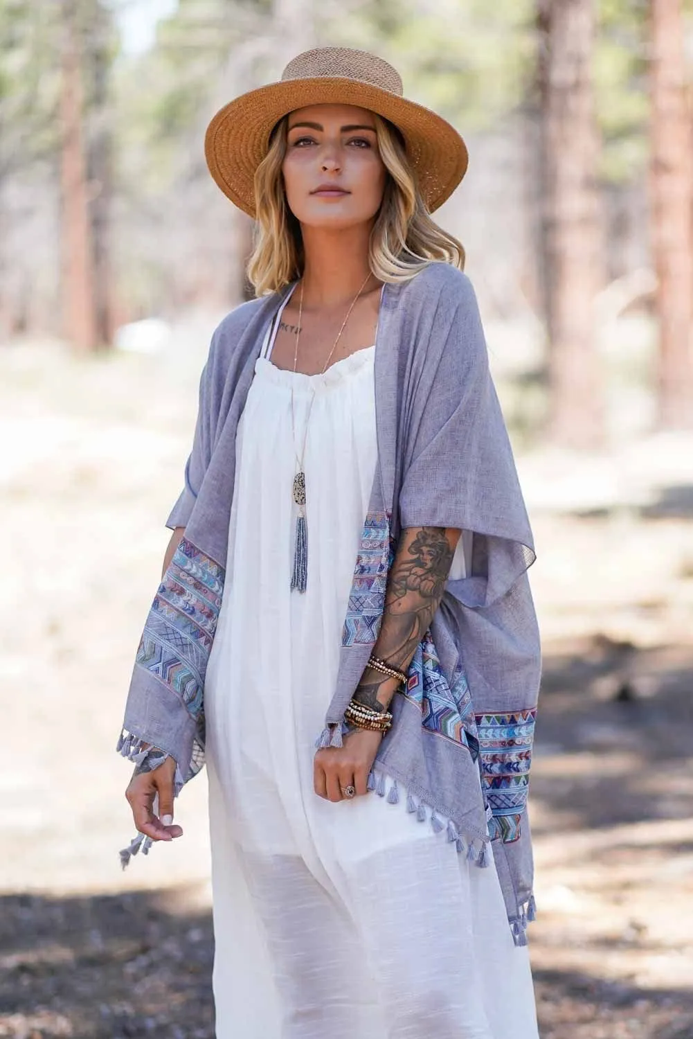 Fallon Embroidered Sleeve Kimono - Gray