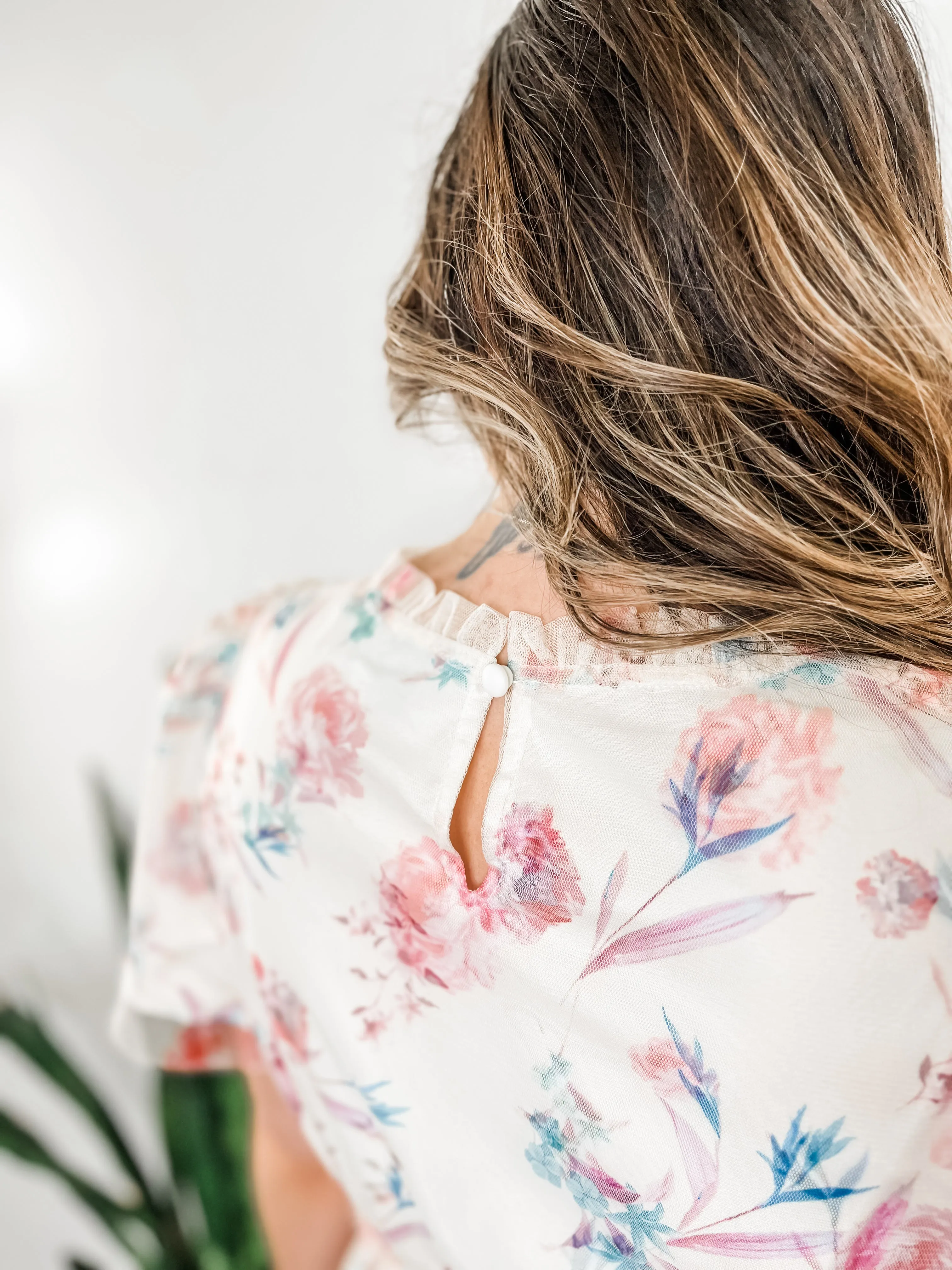 Floral Print Mesh Ruffled Dress