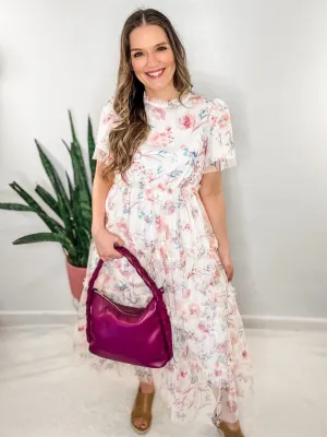 Floral Print Mesh Ruffled Dress