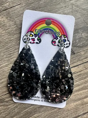 “Galaxy” Black   Silver Glitter Dipped Handcrafted Resin Earrings
