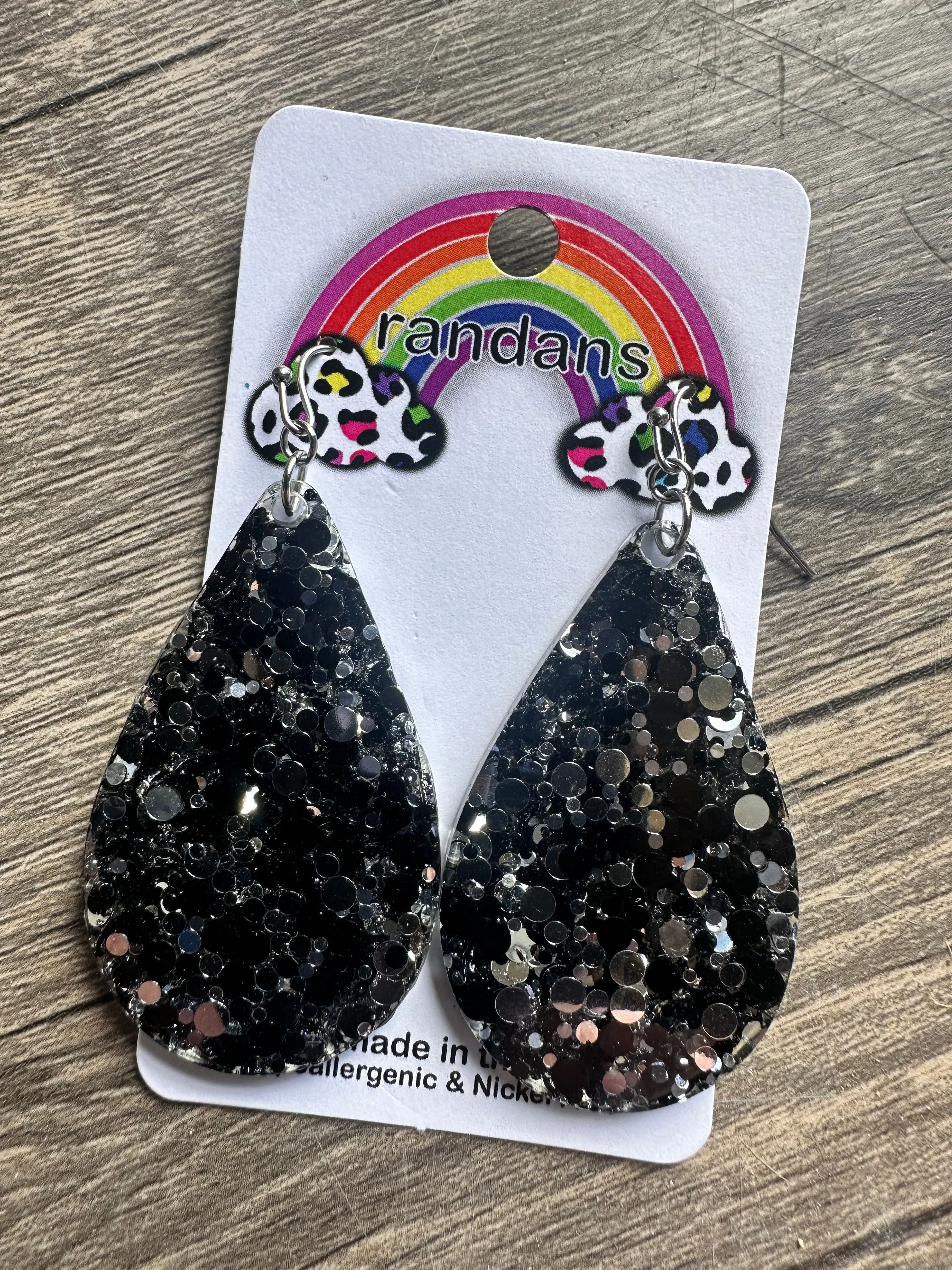 “Galaxy” Black   Silver Glitter Dipped Handcrafted Resin Earrings