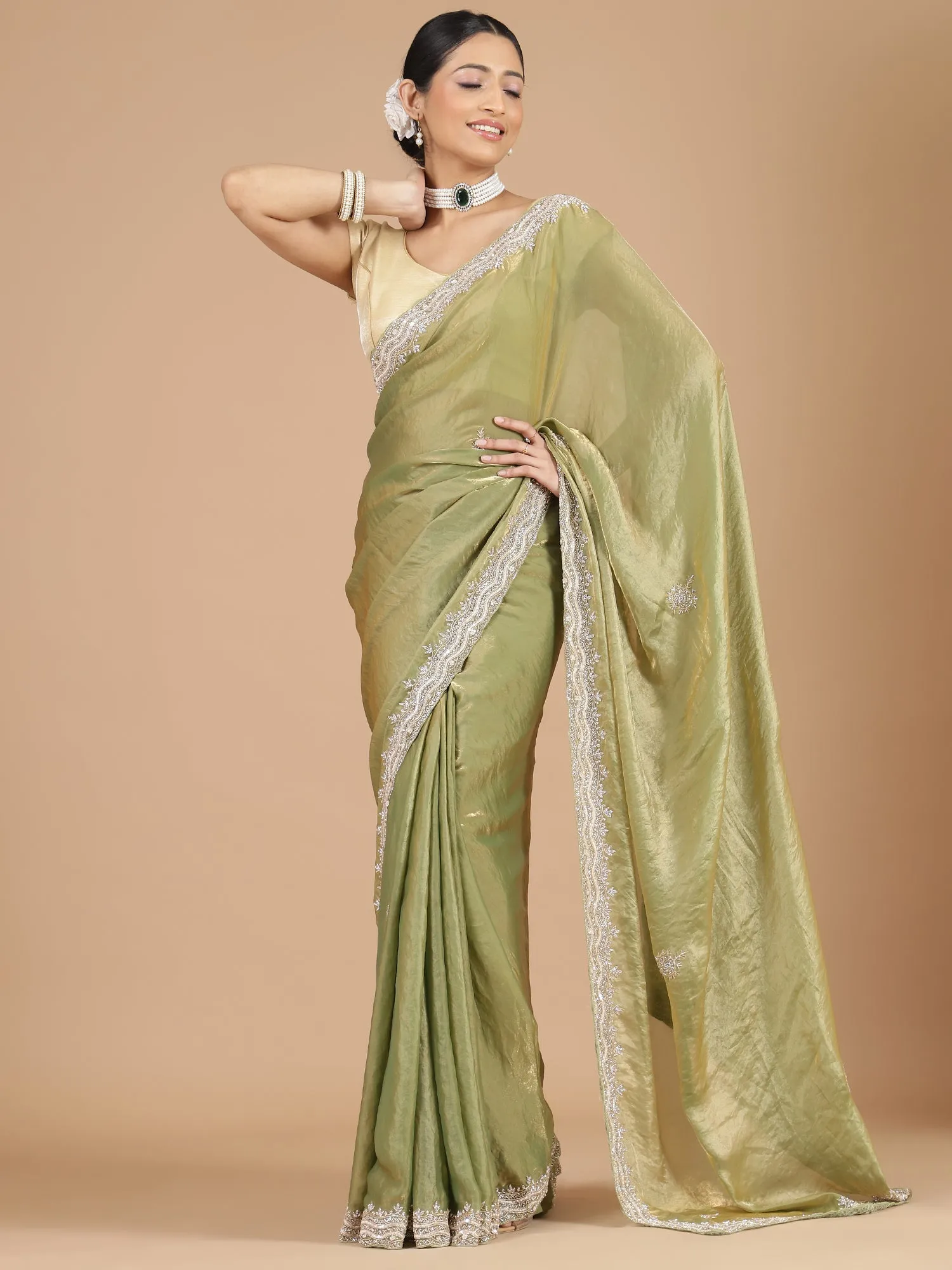 Green Satin Tissue Saree with Sequence Scallop Work