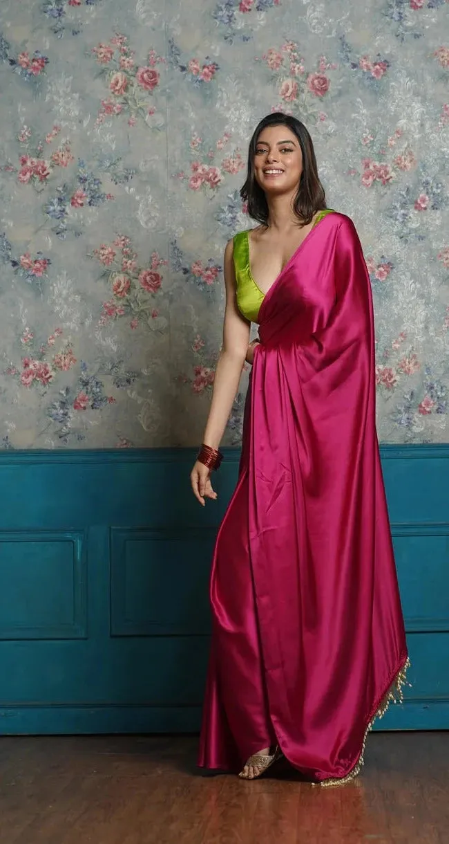 Hot Pink Satin Silk Saree With Handmade Tassels Pallu