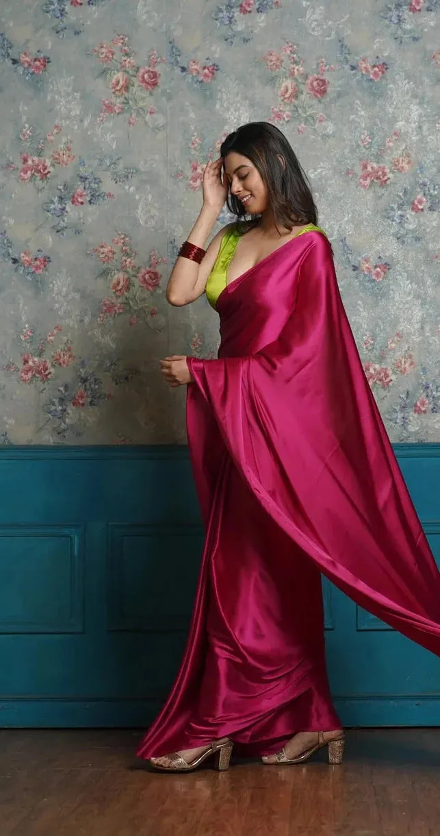 Hot Pink Satin Silk Saree With Handmade Tassels Pallu