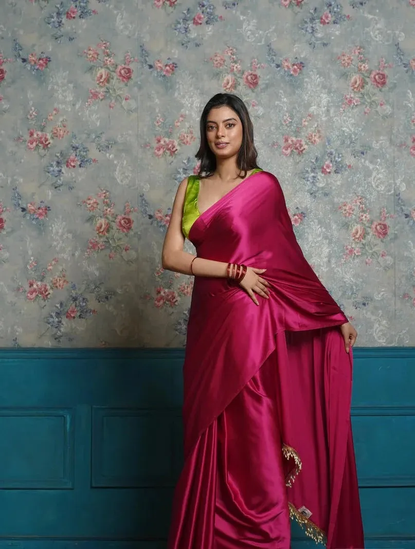 Hot Pink Satin Silk Saree With Handmade Tassels Pallu