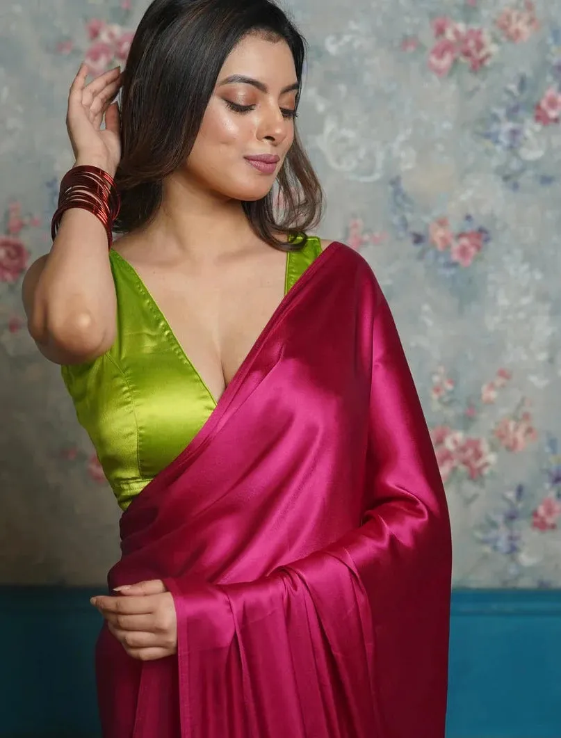 Hot Pink Satin Silk Saree With Handmade Tassels Pallu