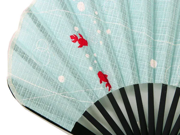 Japanese Sensu Foldable fan with a Fan bag / ,Light blue, Goldfish, Cat