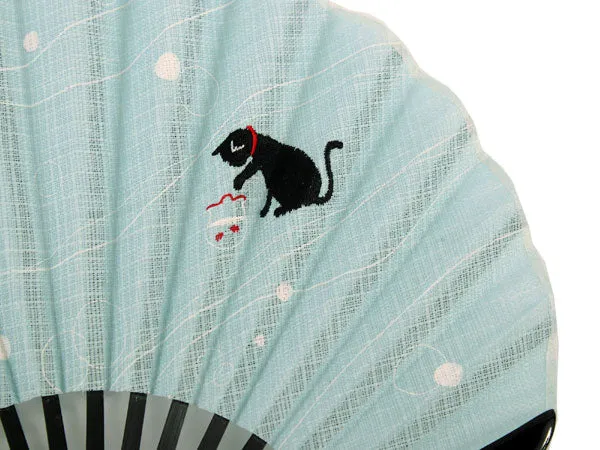 Japanese Sensu Foldable fan with a Fan bag / ,Light blue, Goldfish, Cat