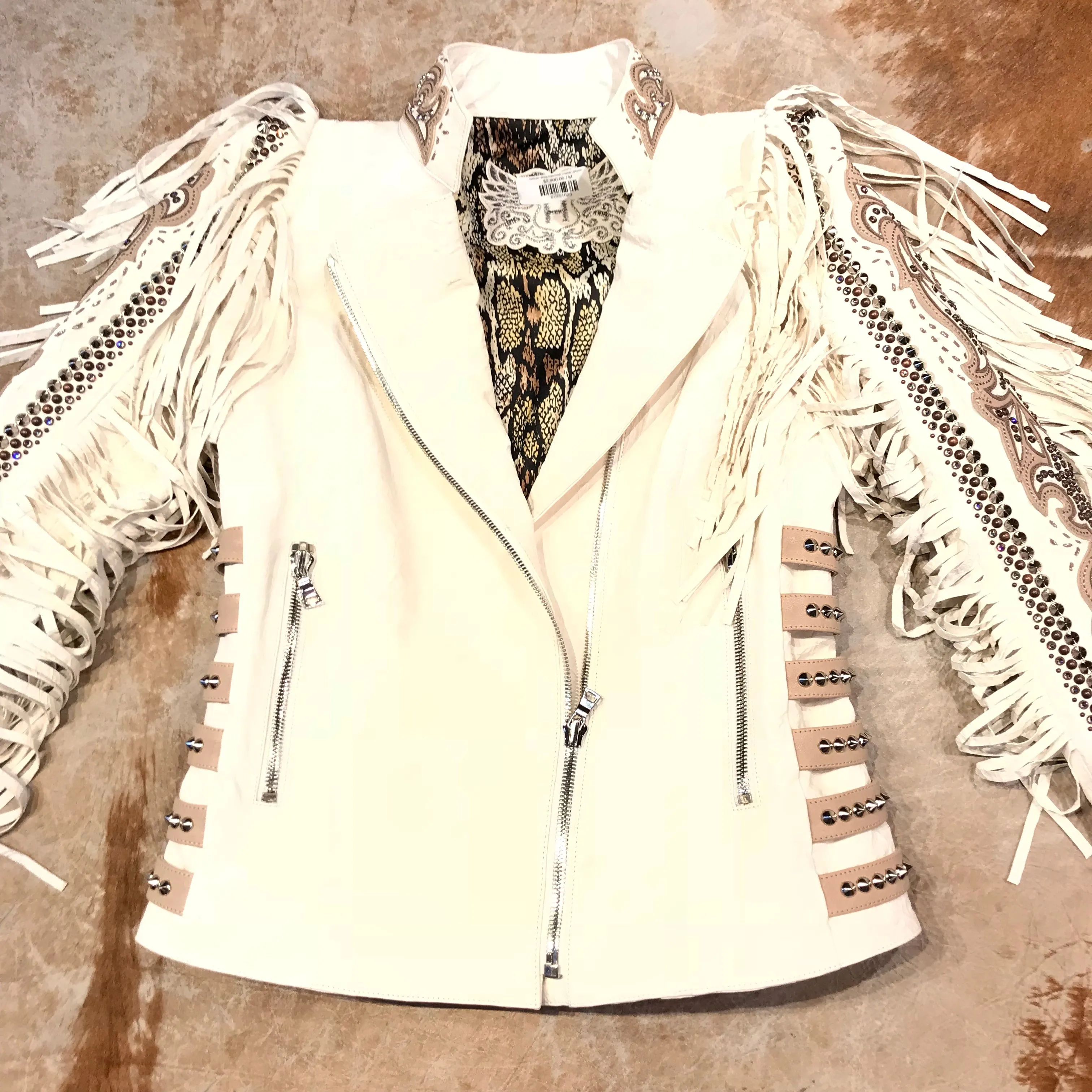 Kashani White Swarovski Crystal Lambskin Studded Fringe Jacket
