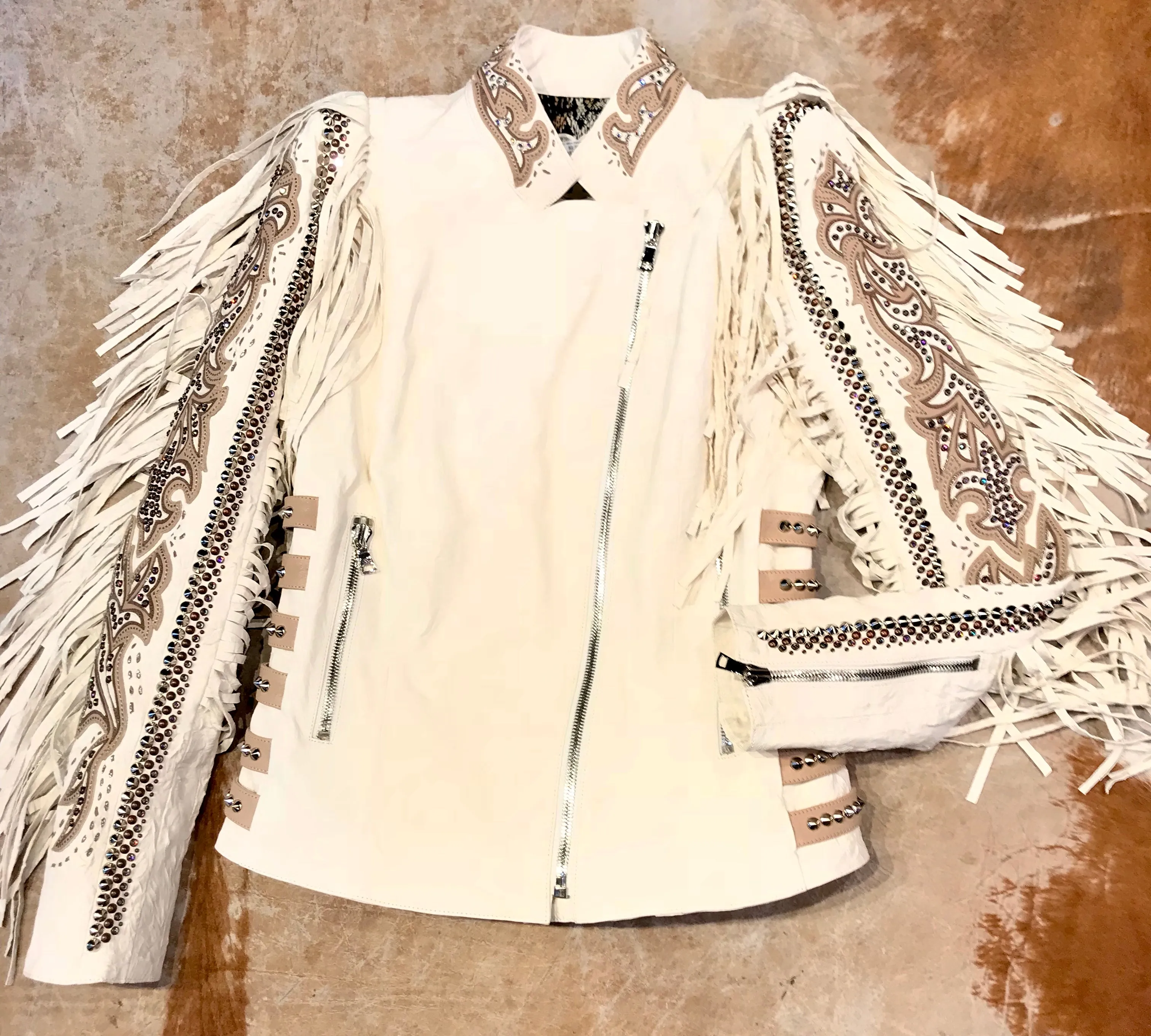 Kashani White Swarovski Crystal Lambskin Studded Fringe Jacket
