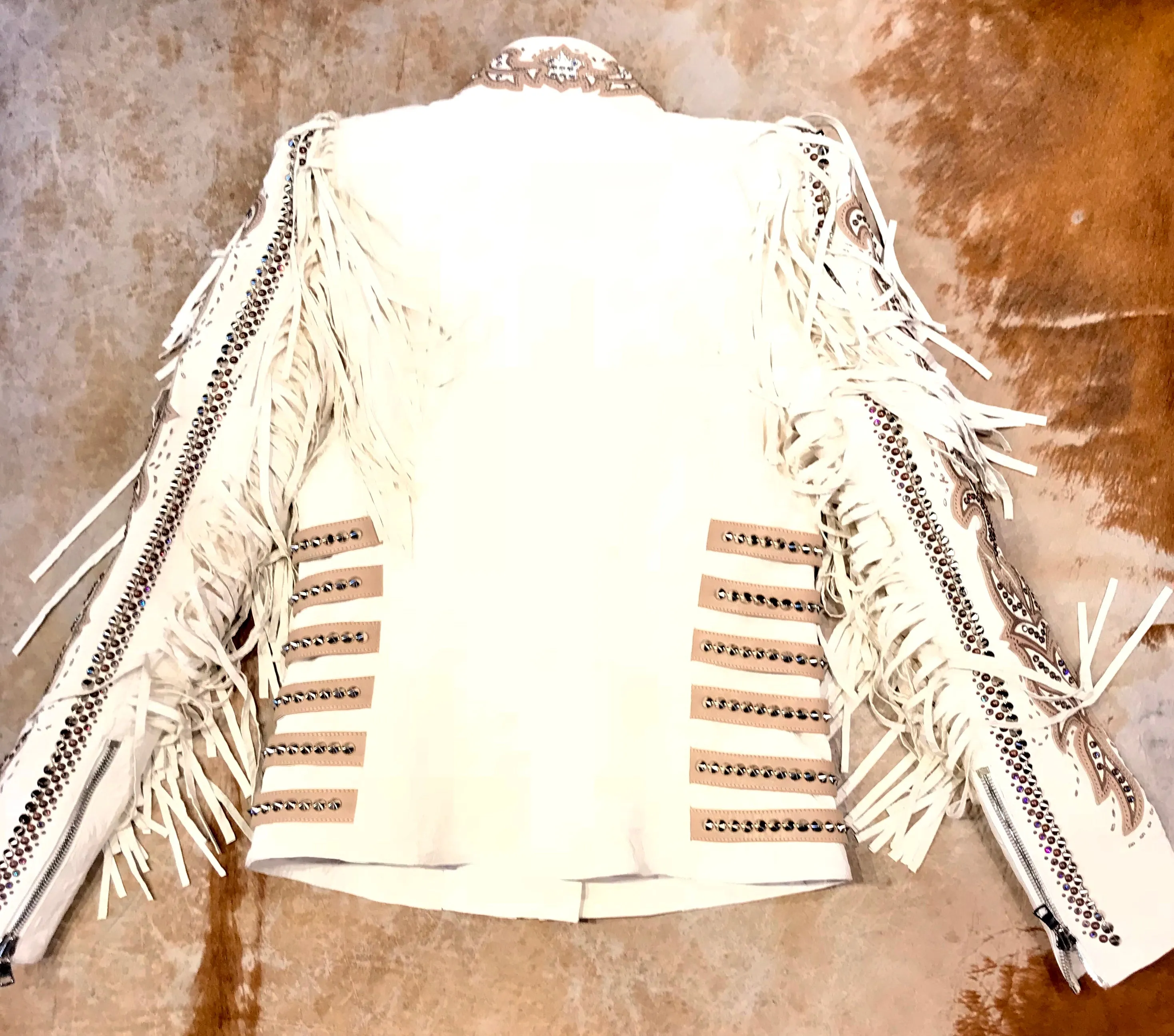 Kashani White Swarovski Crystal Lambskin Studded Fringe Jacket
