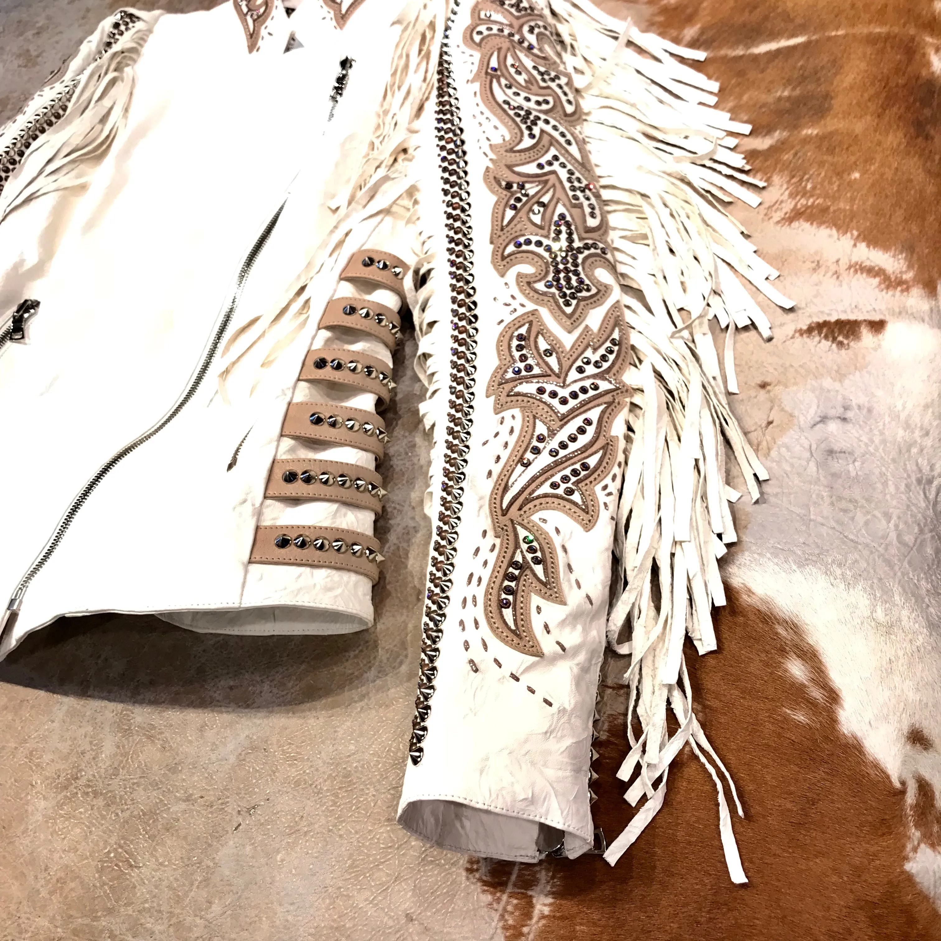 Kashani White Swarovski Crystal Lambskin Studded Fringe Jacket