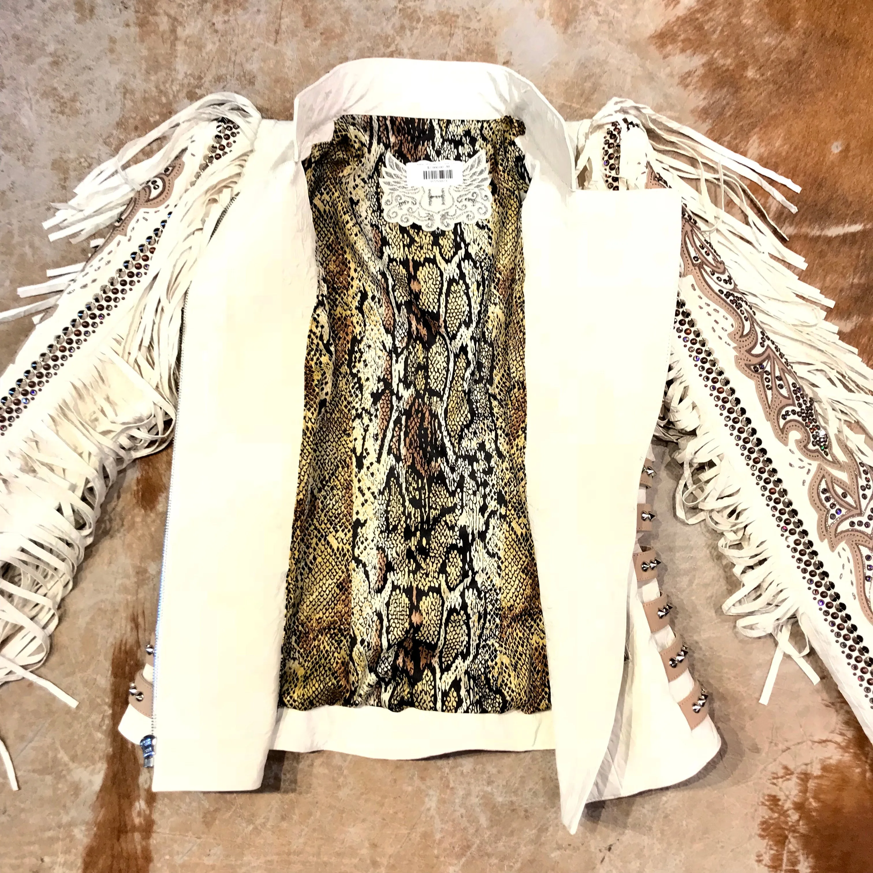 Kashani White Swarovski Crystal Lambskin Studded Fringe Jacket