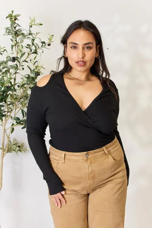 Love Always Finds You Full Size Ribbed Surplice Cold Shoulder Top