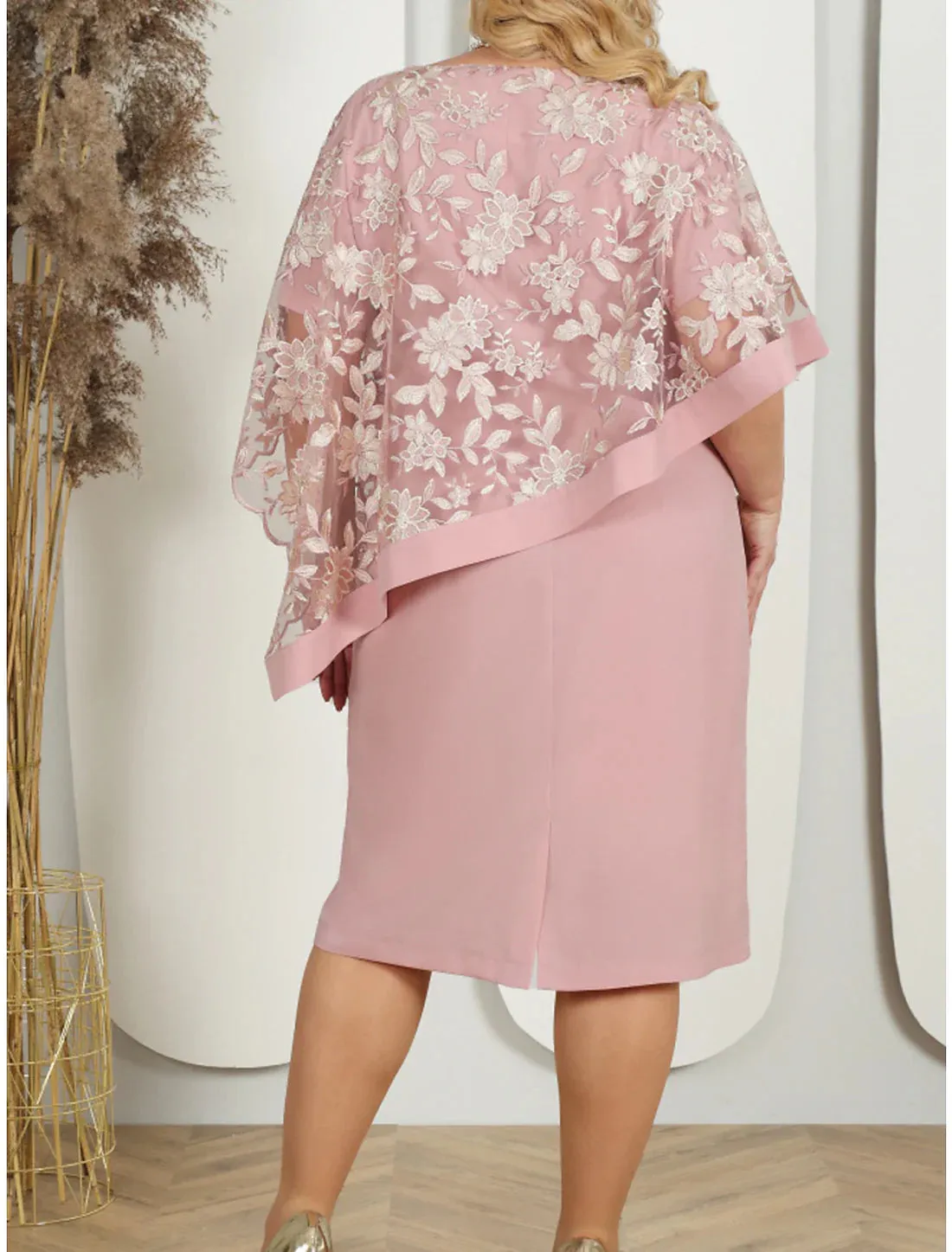 Luolandi Women's Plus Size Curve Party Dress Lace Dress Cocktail Dress Midi Dress Pink Blue Half Sleeve Floral Lace Summer Spring Fall Crew Neck Wedding Guest Mother of the Bride Dress