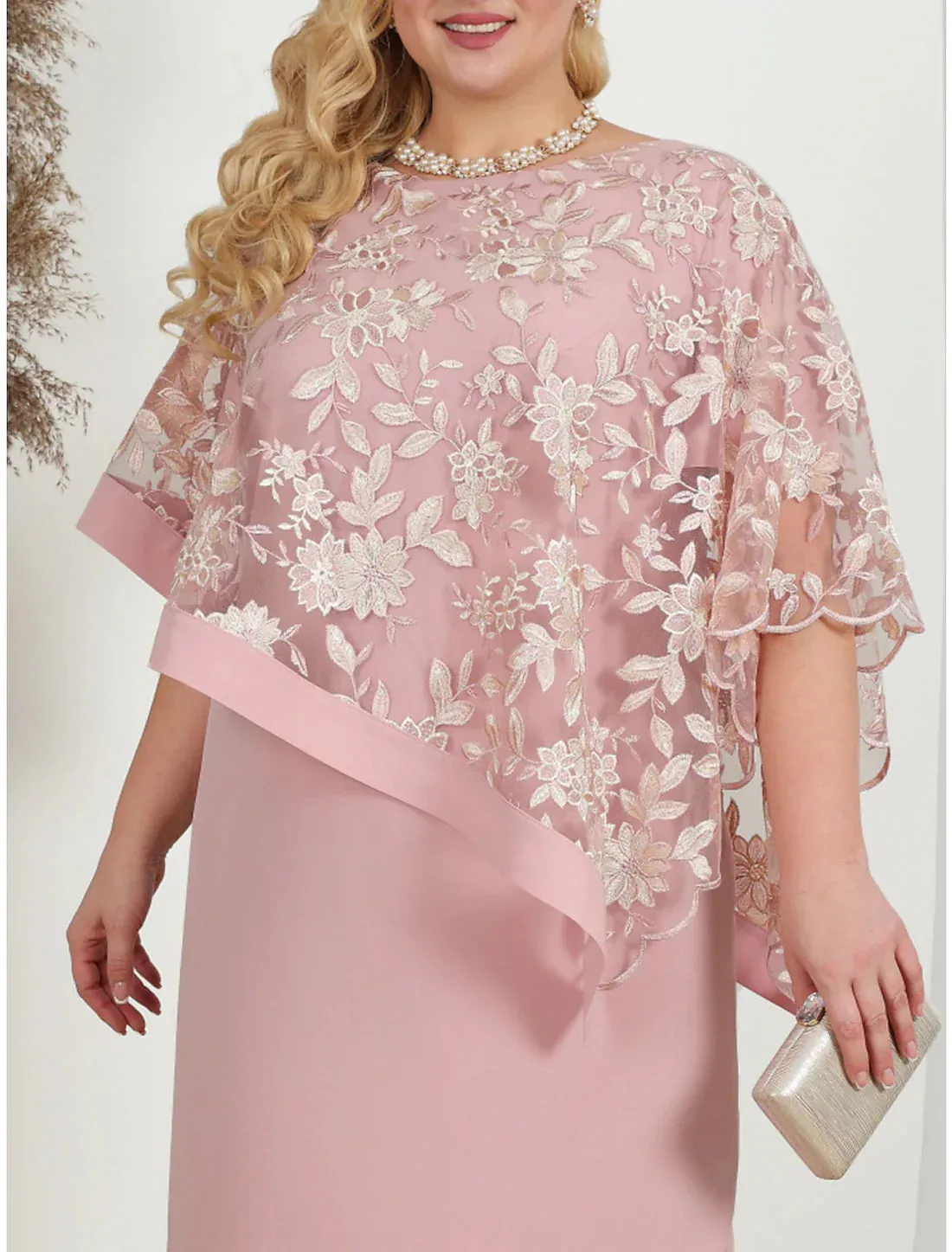 Luolandi Women's Plus Size Curve Party Dress Lace Dress Cocktail Dress Midi Dress Pink Blue Half Sleeve Floral Lace Summer Spring Fall Crew Neck Wedding Guest Mother of the Bride Dress