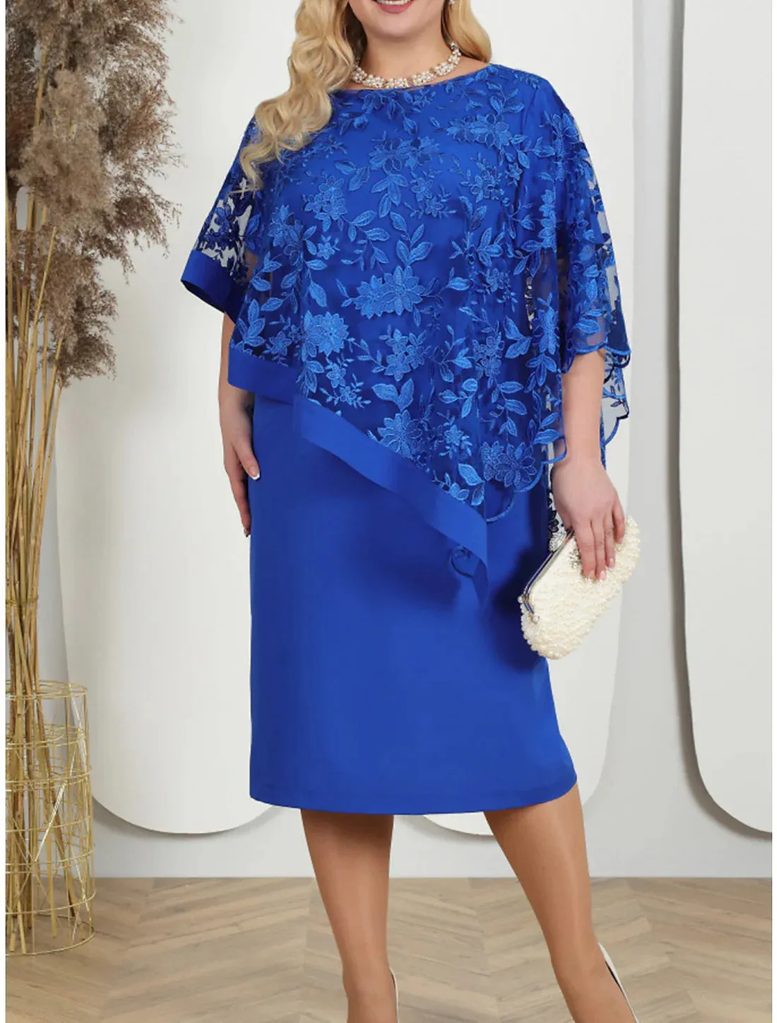 Luolandi Women's Plus Size Curve Party Dress Lace Dress Cocktail Dress Midi Dress Pink Blue Half Sleeve Floral Lace Summer Spring Fall Crew Neck Wedding Guest Mother of the Bride Dress