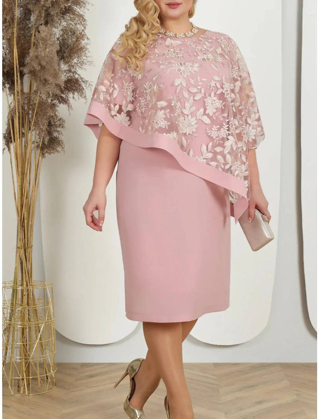 Luolandi Women's Plus Size Curve Party Dress Lace Dress Cocktail Dress Midi Dress Pink Blue Half Sleeve Floral Lace Summer Spring Fall Crew Neck Wedding Guest Mother of the Bride Dress