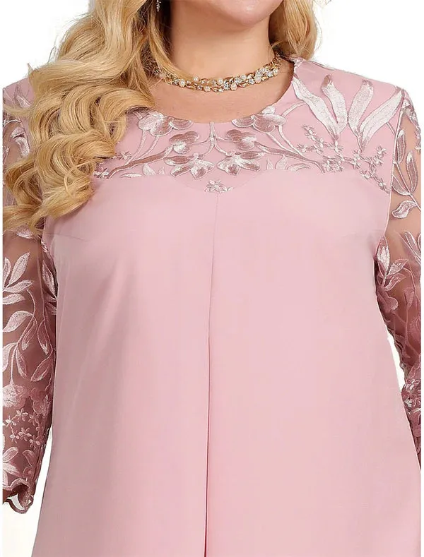 Luolandi Women's Plus Size Curve Party Dress Lace Dress Cocktail Dress Midi Dress Pink Dark Blue Light Blue 3/4 Length Sleeve Floral Lace Wedding Guest Mother of the Bride Dress