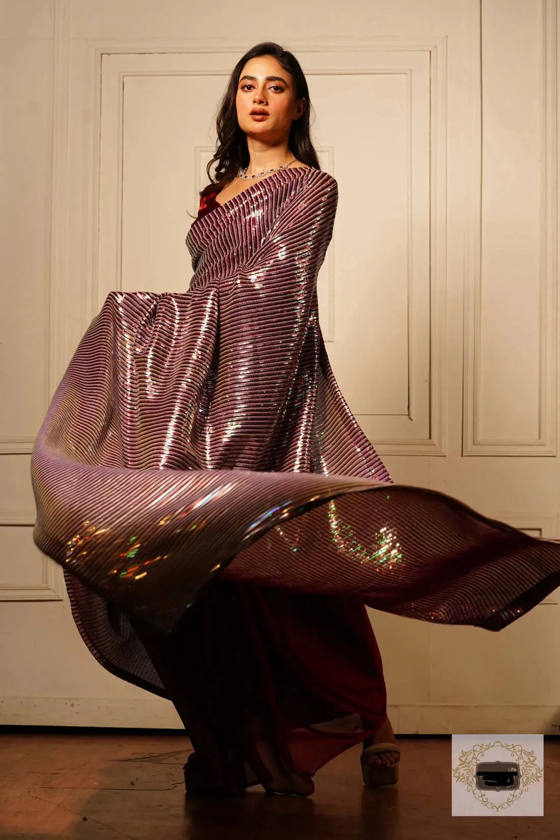 Maroon Sequins Half Saree