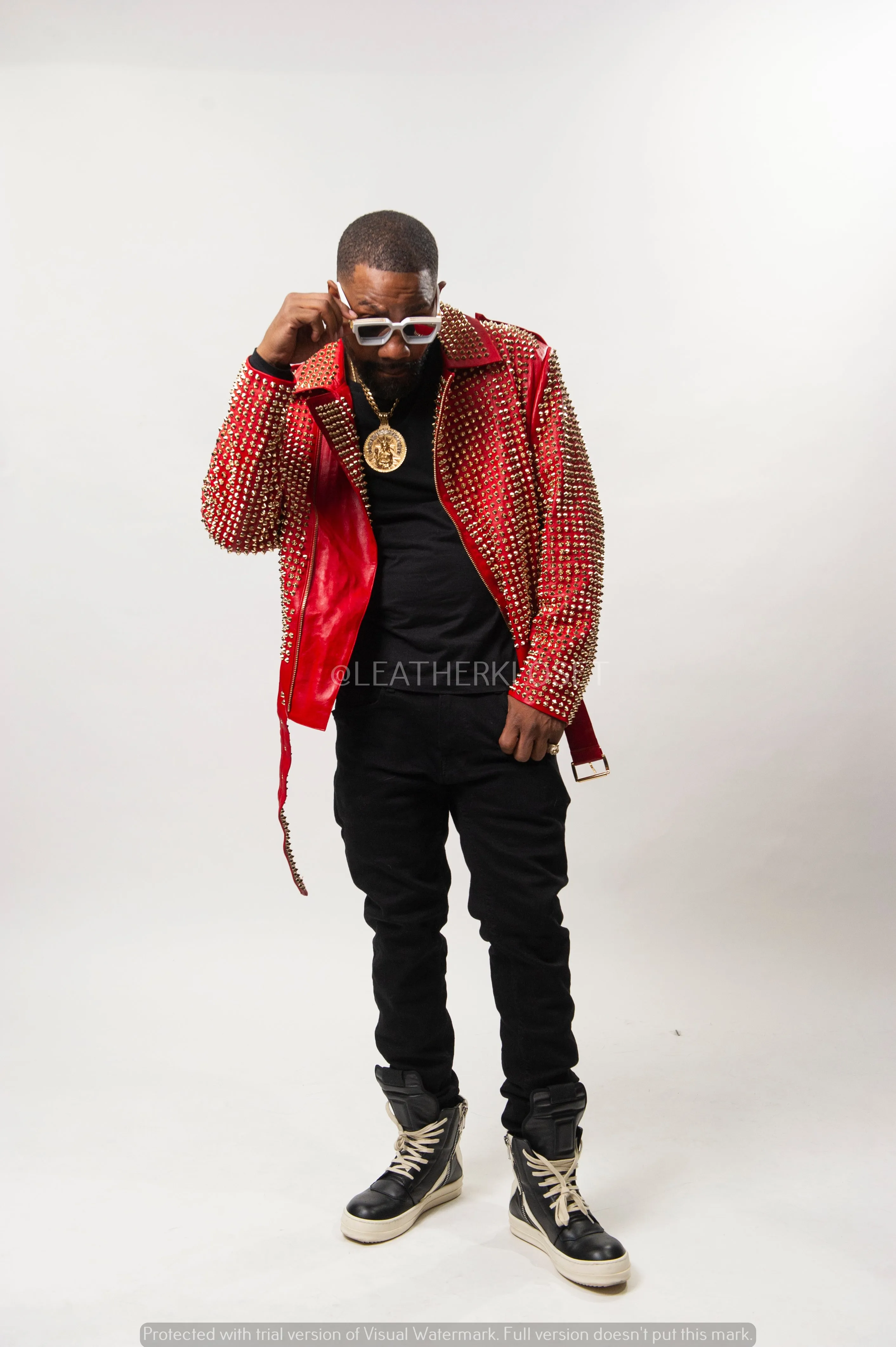 Men's Fully Studded Biker Jacket [Red/Gold]