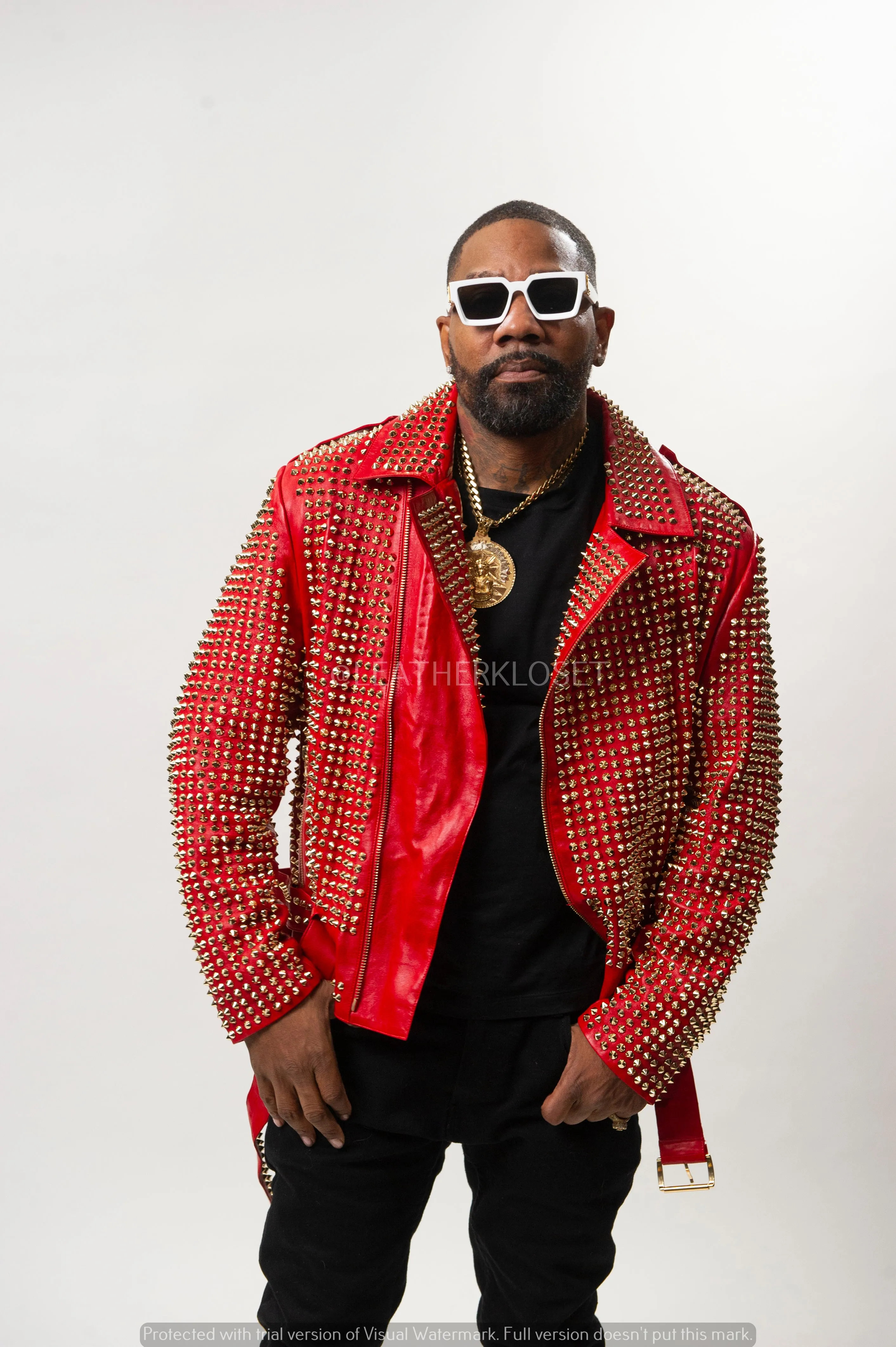 Men's Fully Studded Biker Jacket [Red/Gold]