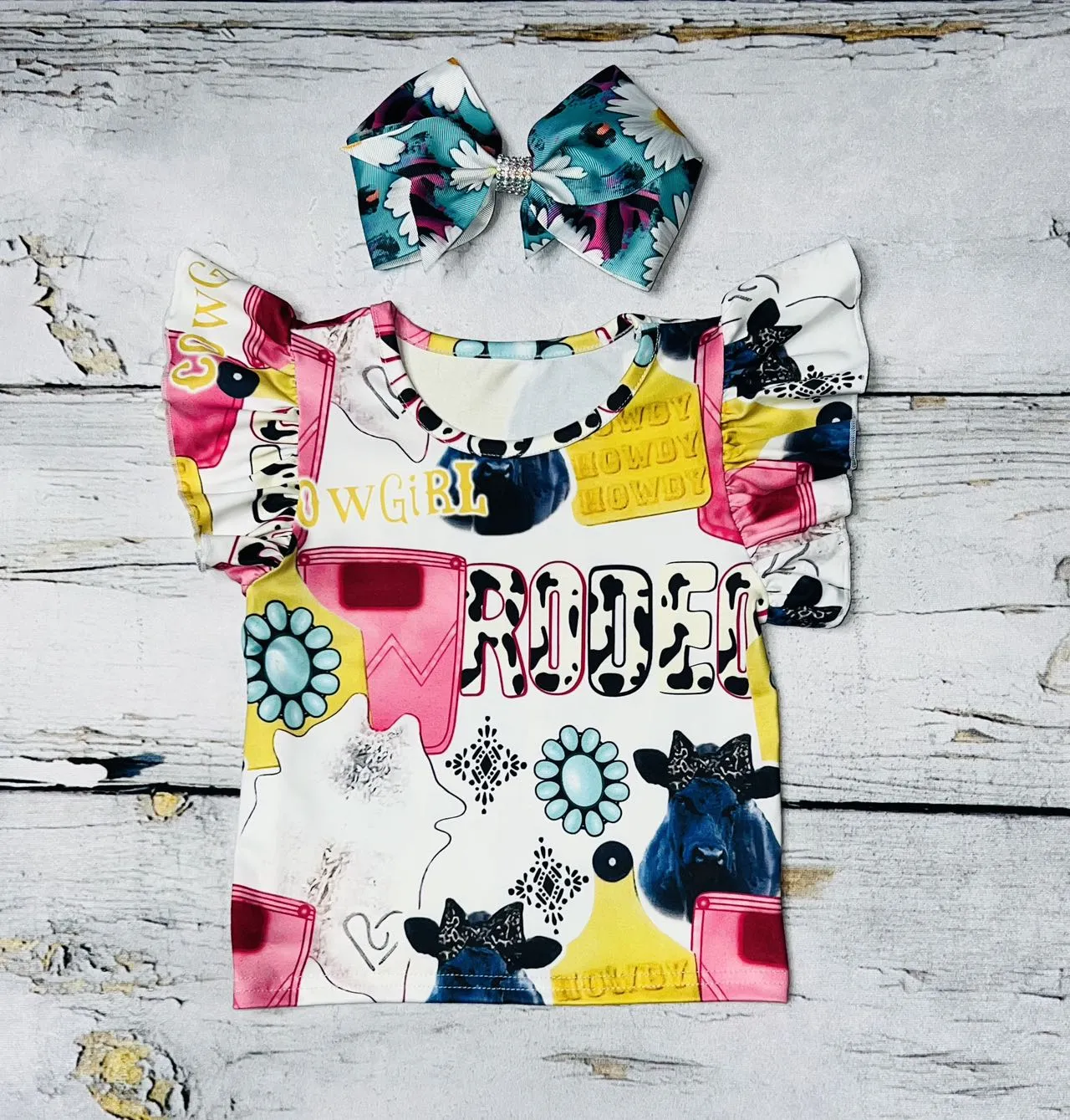 Multicolor western print ruffle short sleeve 2pc set DLH1121-7